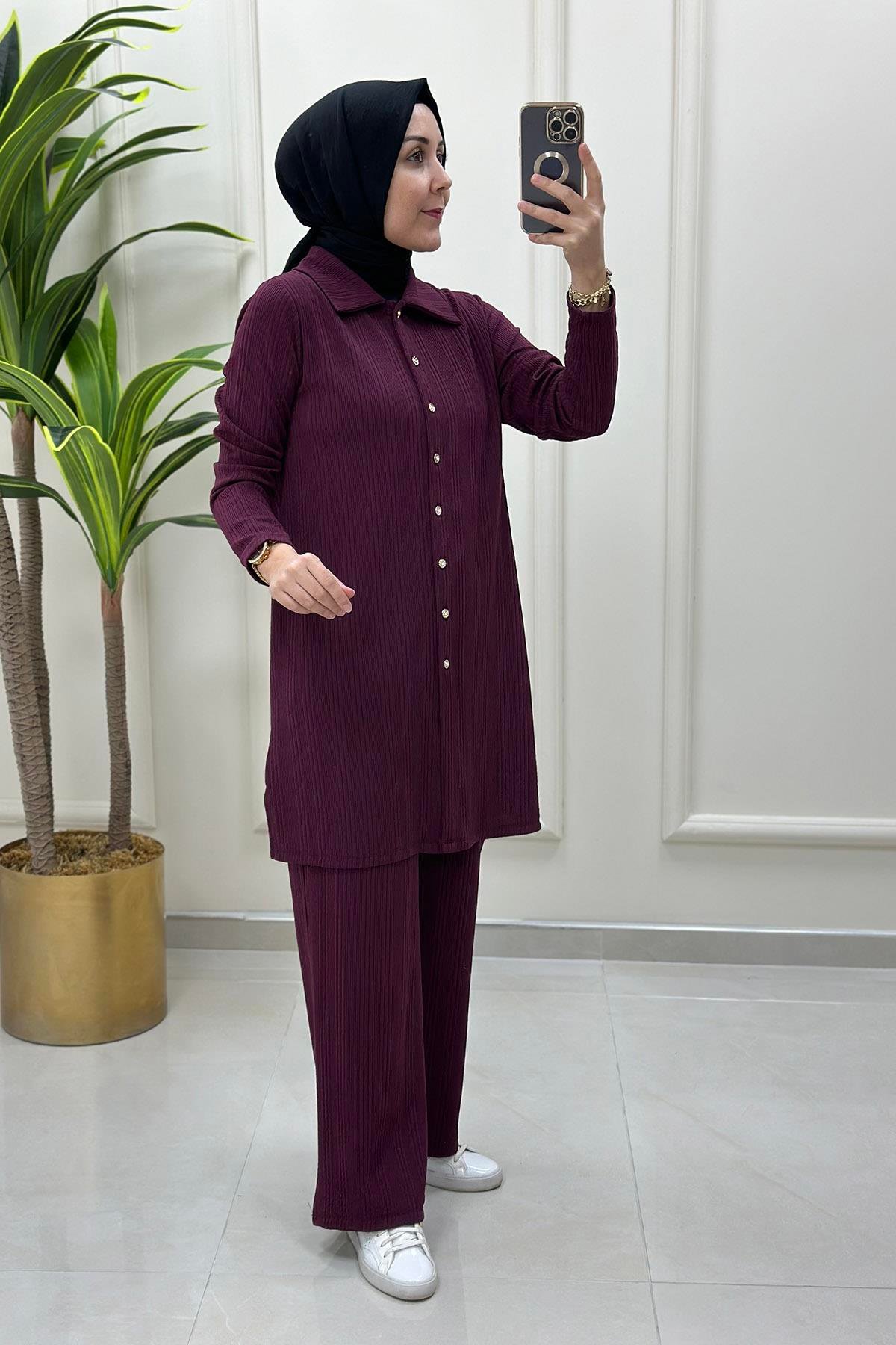 Pantolonlu TakımÖnü Taş Düğme Detaylı Tunik ve Pantolon Kadın İkili Takım Mürdüm KADO 9530