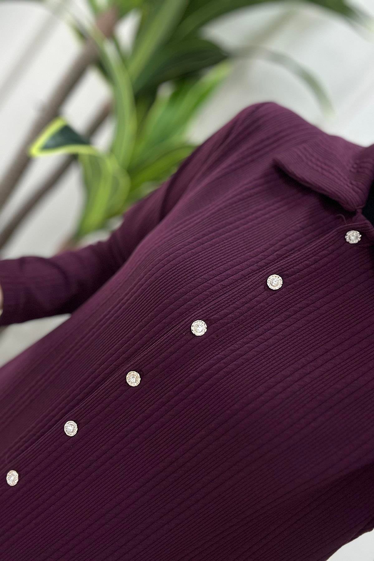 Pantolonlu TakımÖnü Taş Düğme Detaylı Tunik ve Pantolon Kadın İkili Takım Mürdüm KADO 9530