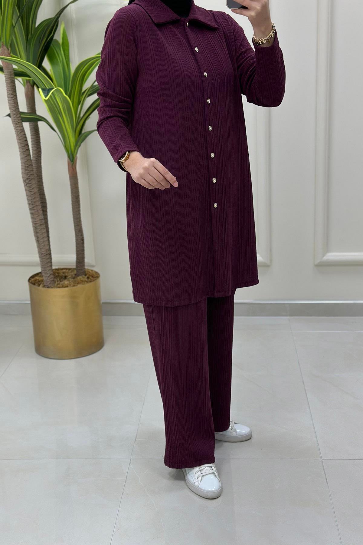Pantolonlu TakımÖnü Taş Düğme Detaylı Tunik ve Pantolon Kadın İkili Takım Mürdüm KADO 9530