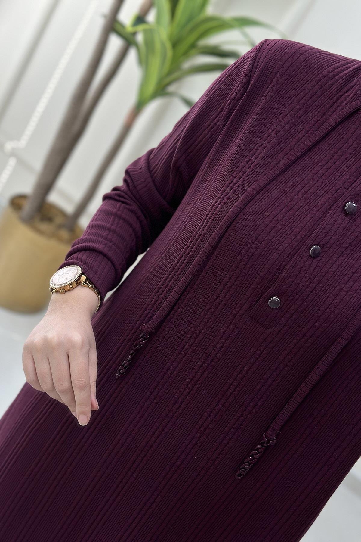 Pantolonlu TakımÖnü Yarım Düğmeli İp Aksesuarlı Tunik ve Pantolon Kadın İkili Takım Mürdüm KADO 9442