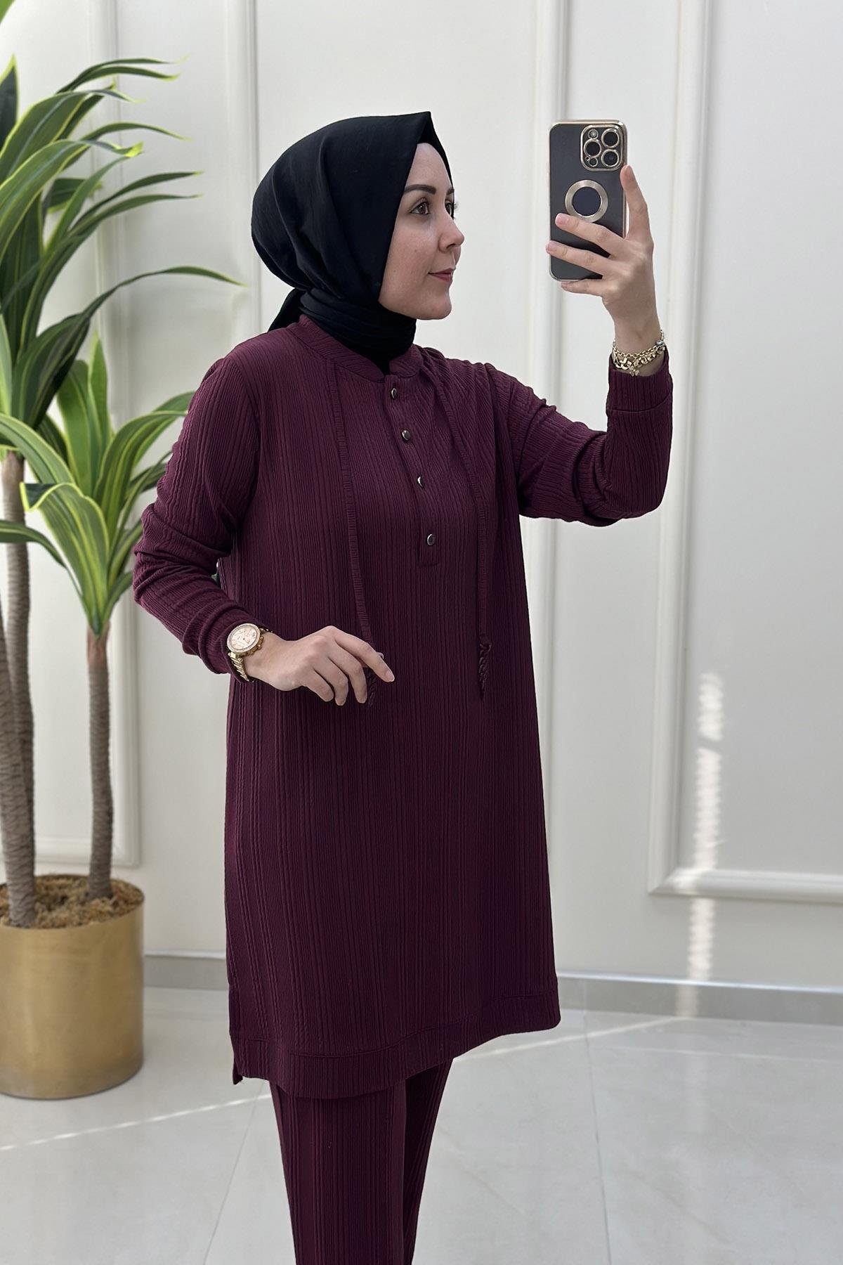 Pantolonlu TakımÖnü Yarım Düğmeli İp Aksesuarlı Tunik ve Pantolon Kadın İkili Takım Mürdüm KADO 9442