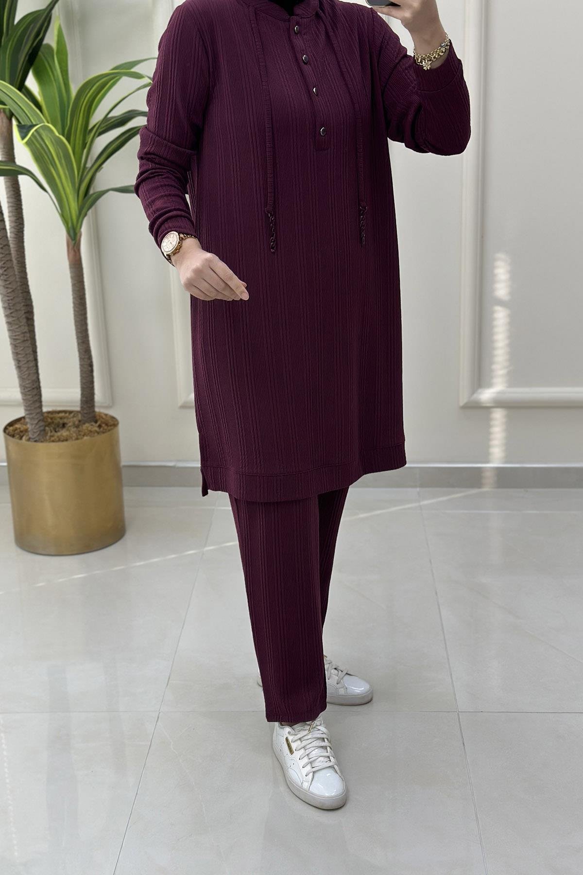 Pantolonlu TakımÖnü Yarım Düğmeli İp Aksesuarlı Tunik ve Pantolon Kadın İkili Takım Mürdüm KADO 9442