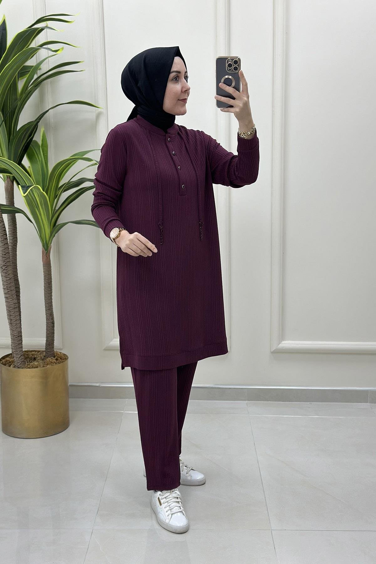 Pantolonlu TakımÖnü Yarım Düğmeli İp Aksesuarlı Tunik ve Pantolon Kadın İkili Takım Mürdüm KADO 9442