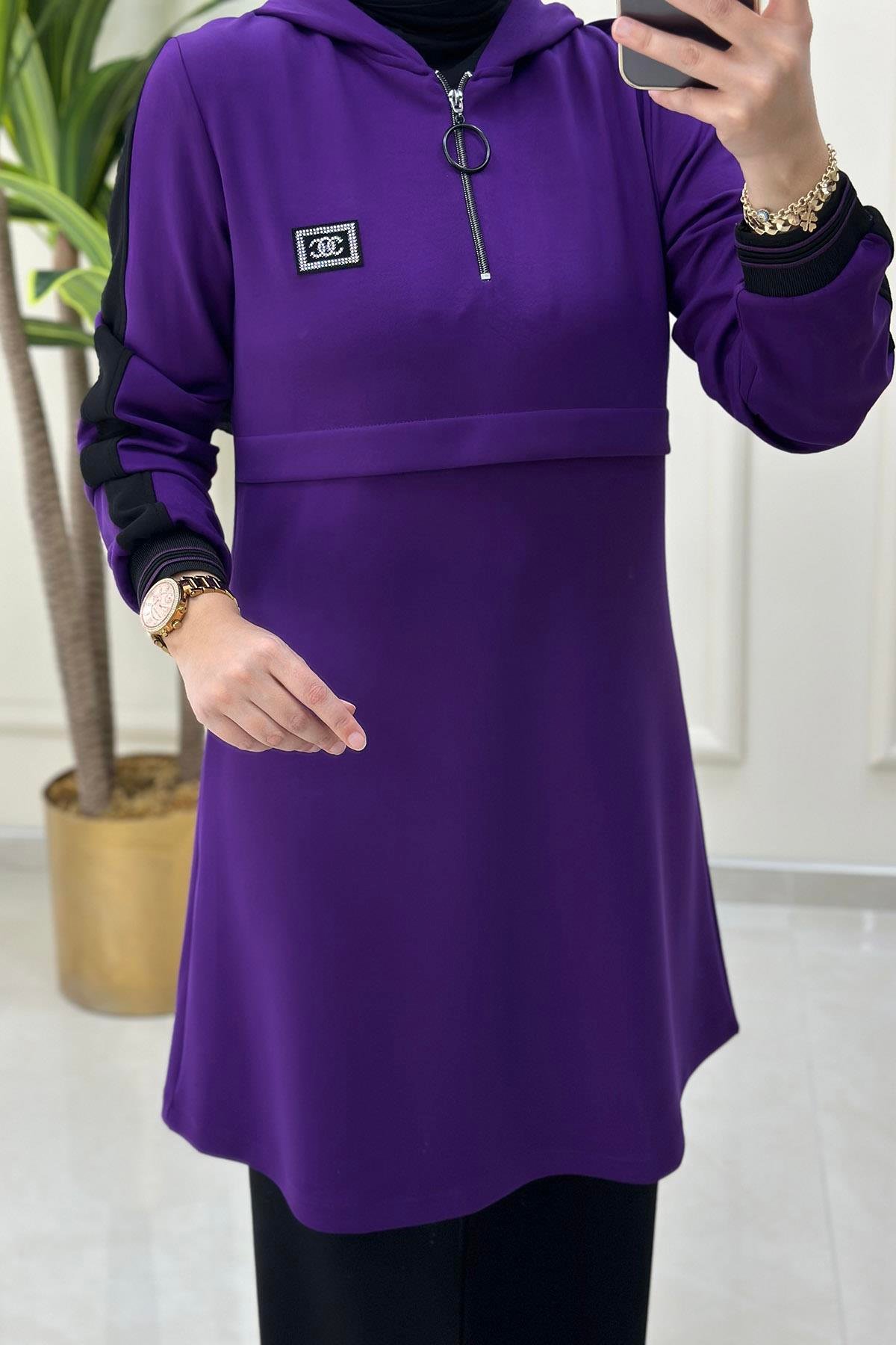 Pantolonlu TakımÖnü Yarım Fermuar Ribana Detaylı Tunik ve Pantolon Kadın İkili Takım Mor CNR 1803