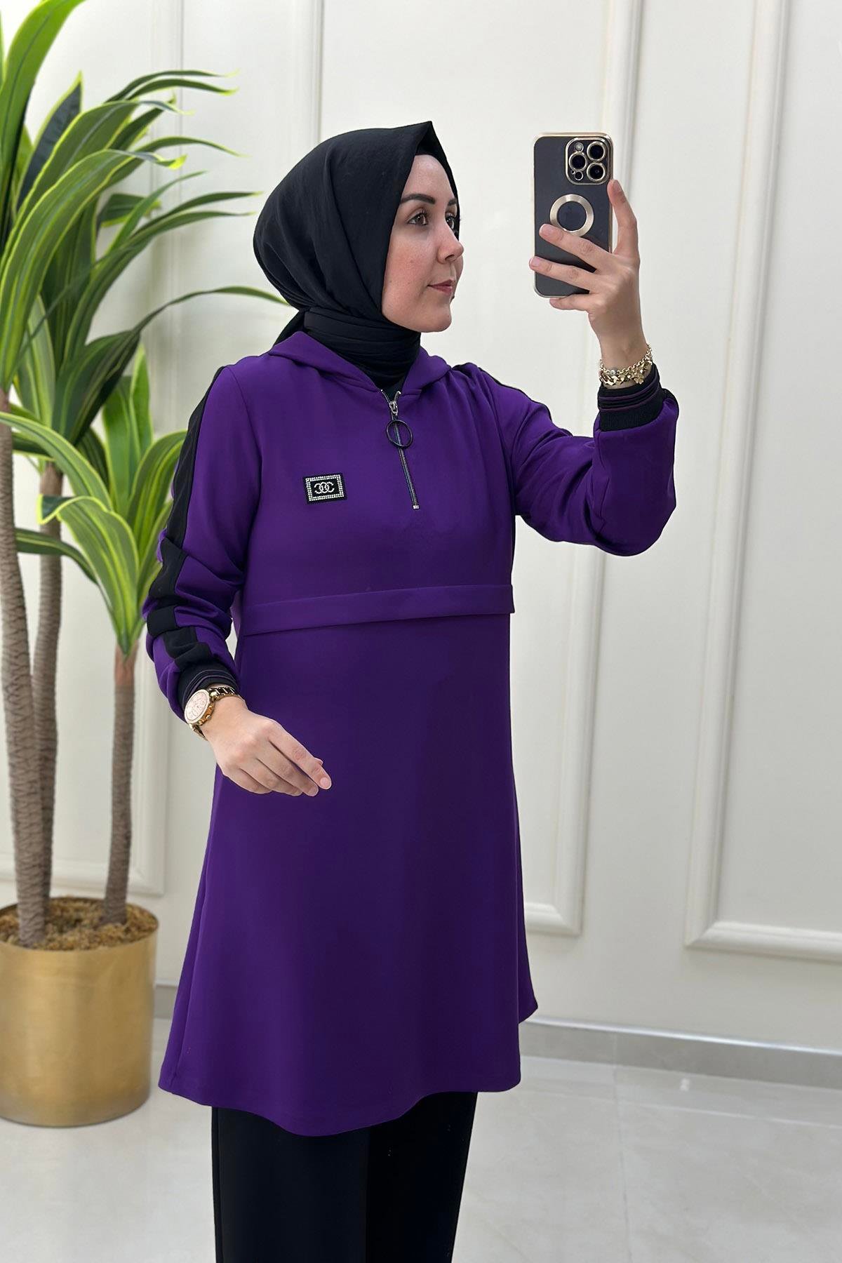 Pantolonlu TakımÖnü Yarım Fermuar Ribana Detaylı Tunik ve Pantolon Kadın İkili Takım Mor CNR 1803