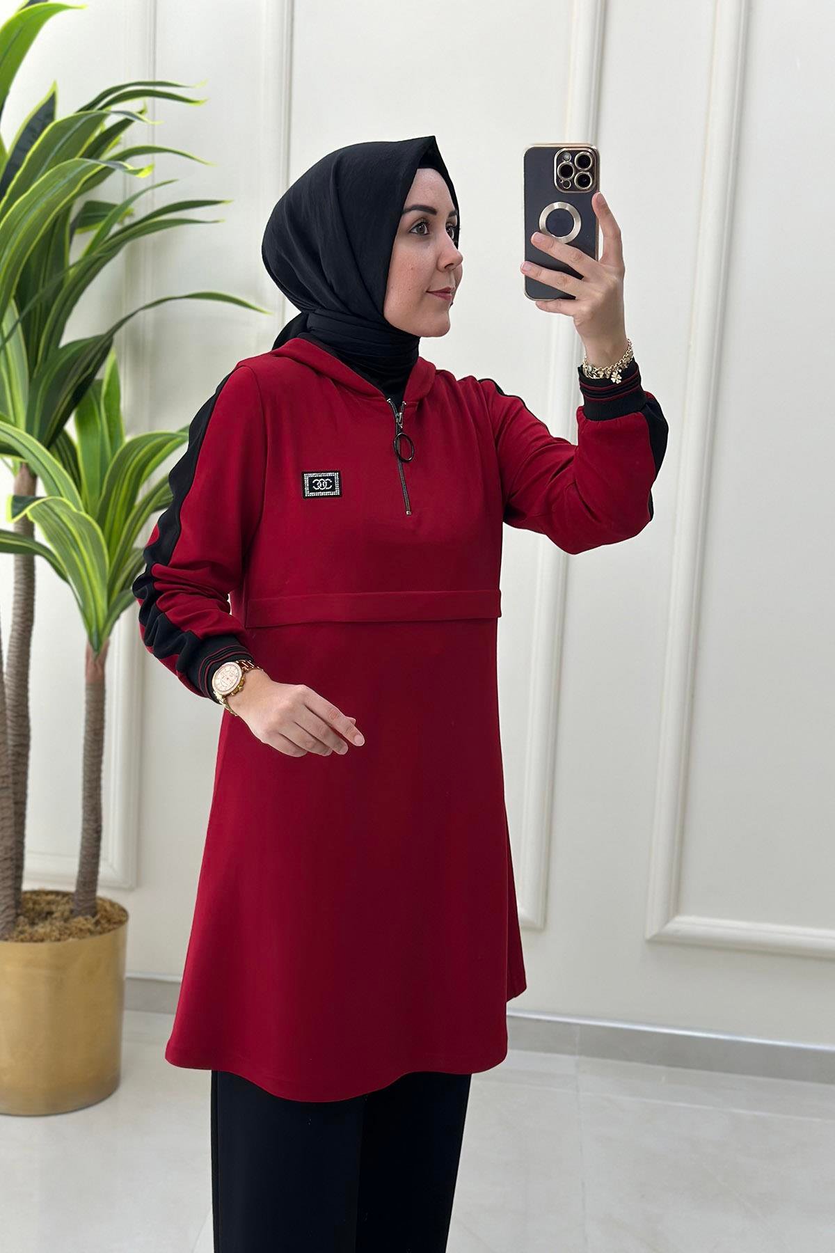 Pantolonlu TakımÖnü Yarım Fermuar Ribana Detaylı Tunik ve Pantolon Kadın İkili Takım Kırmızı CNR 1803