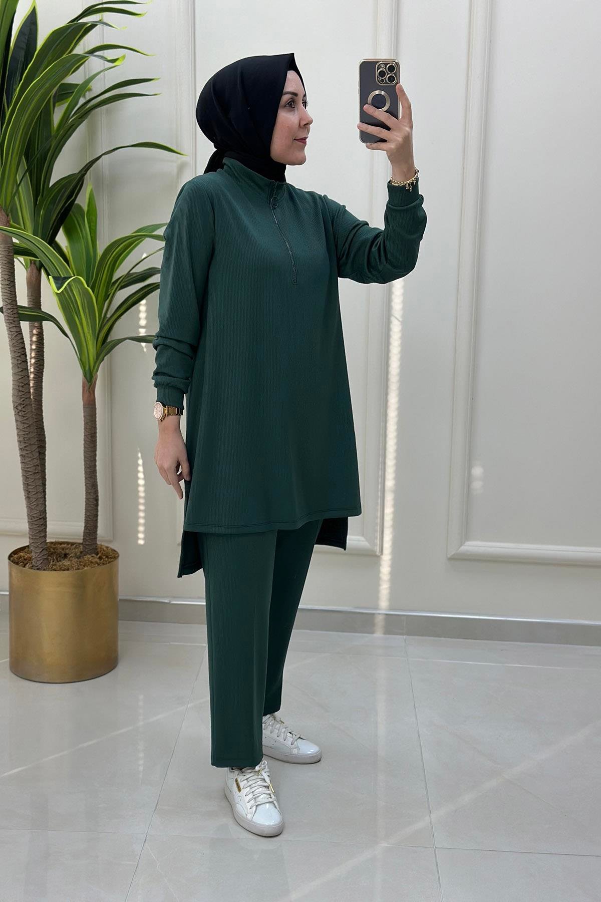 Pantolonlu TakımÖnü Yarım Fermuarlı Hakim Yaka Tunik ve Pantolon Kadın İkili Takım Koyu Çağla KADO 9540