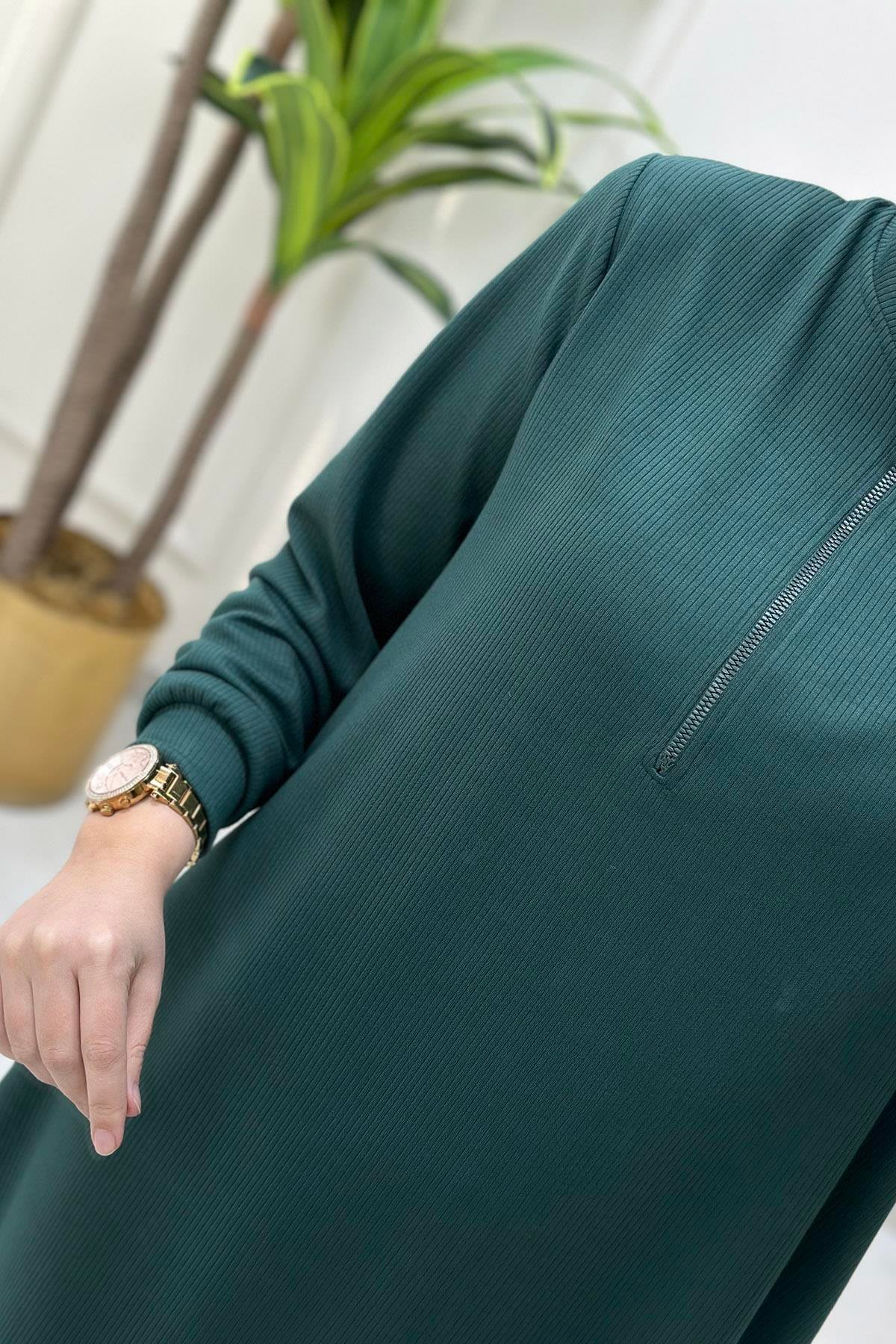 Pantolonlu TakımÖnü Yarım Fermuarlı Hakim Yaka Tunik ve Pantolon Kadın İkili Takım Koyu Çağla KADO 9540