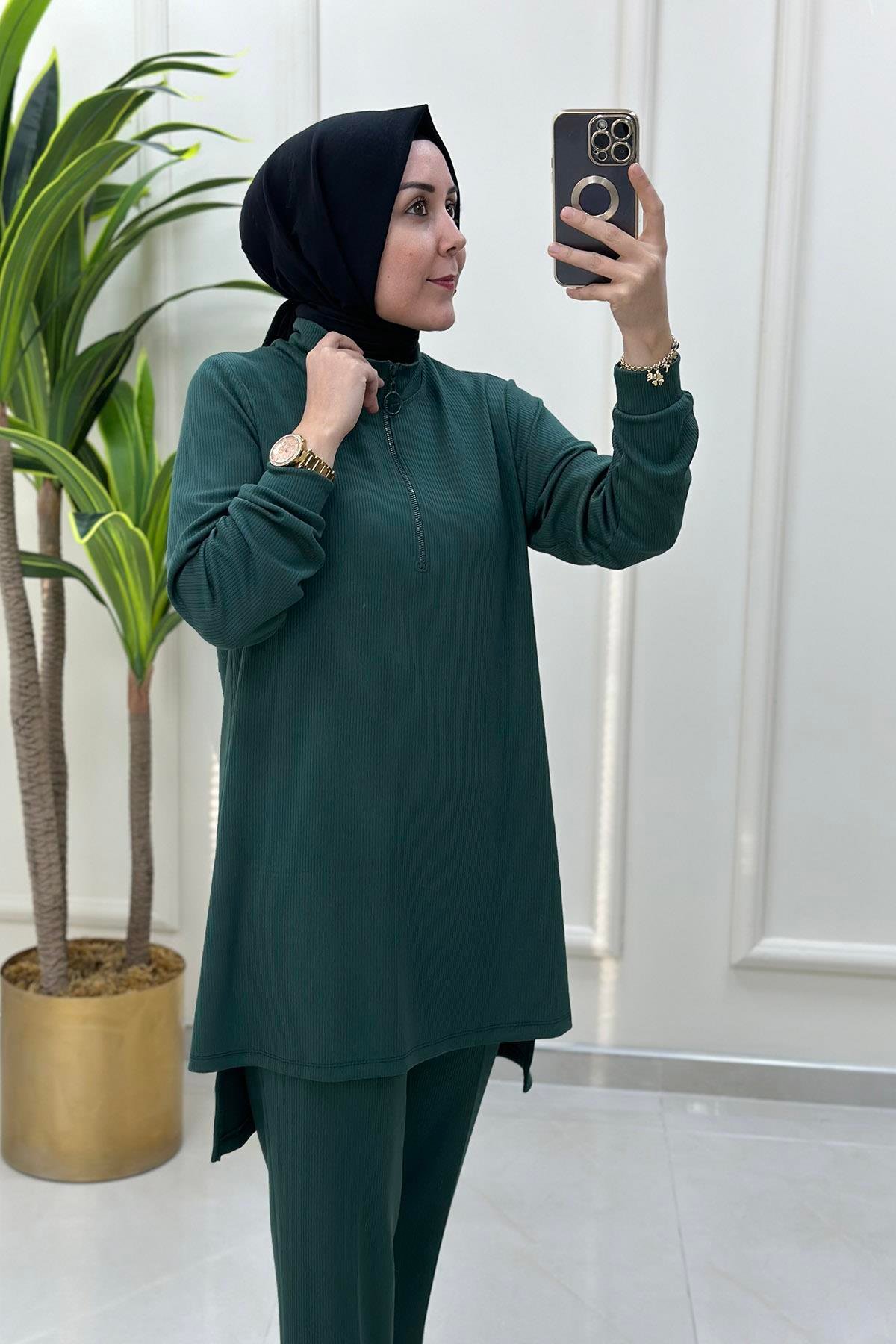 Pantolonlu TakımÖnü Yarım Fermuarlı Hakim Yaka Tunik ve Pantolon Kadın İkili Takım Koyu Çağla KADO 9540