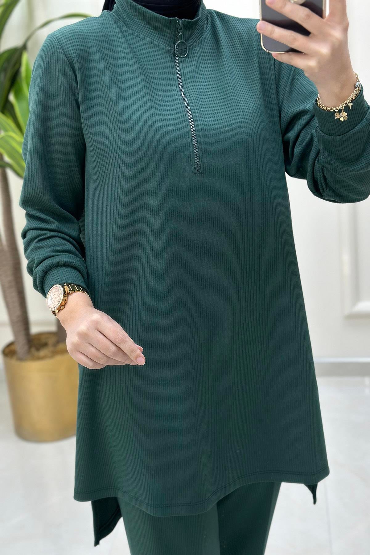 Pantolonlu TakımÖnü Yarım Fermuarlı Hakim Yaka Tunik ve Pantolon Kadın İkili Takım Koyu Çağla KADO 9540