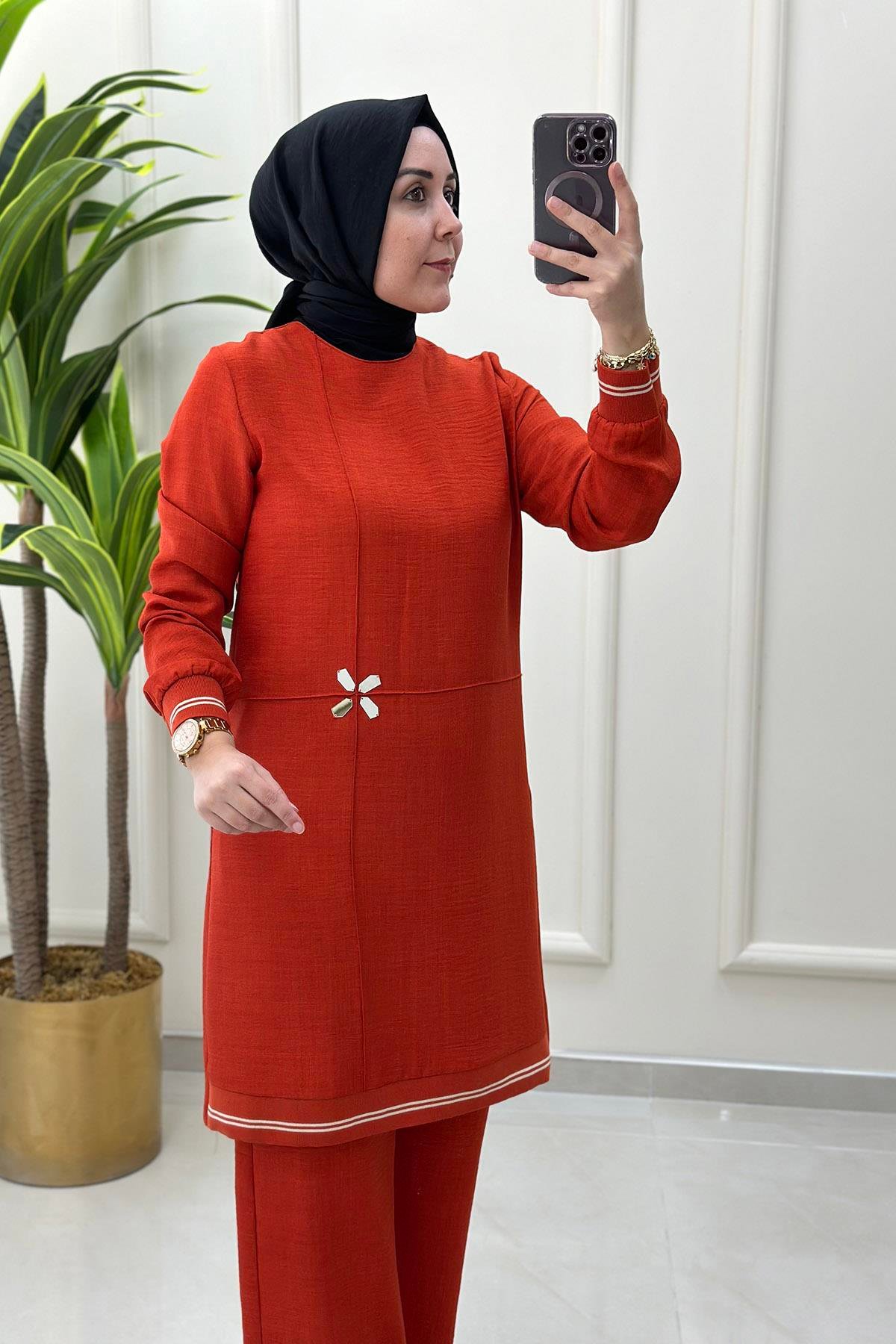 Pantolonlu TakımRibanalı El İşlemeli Tunik ve Pantolon Kadın İkili Takım Kızıl Kiremit KADO 4160