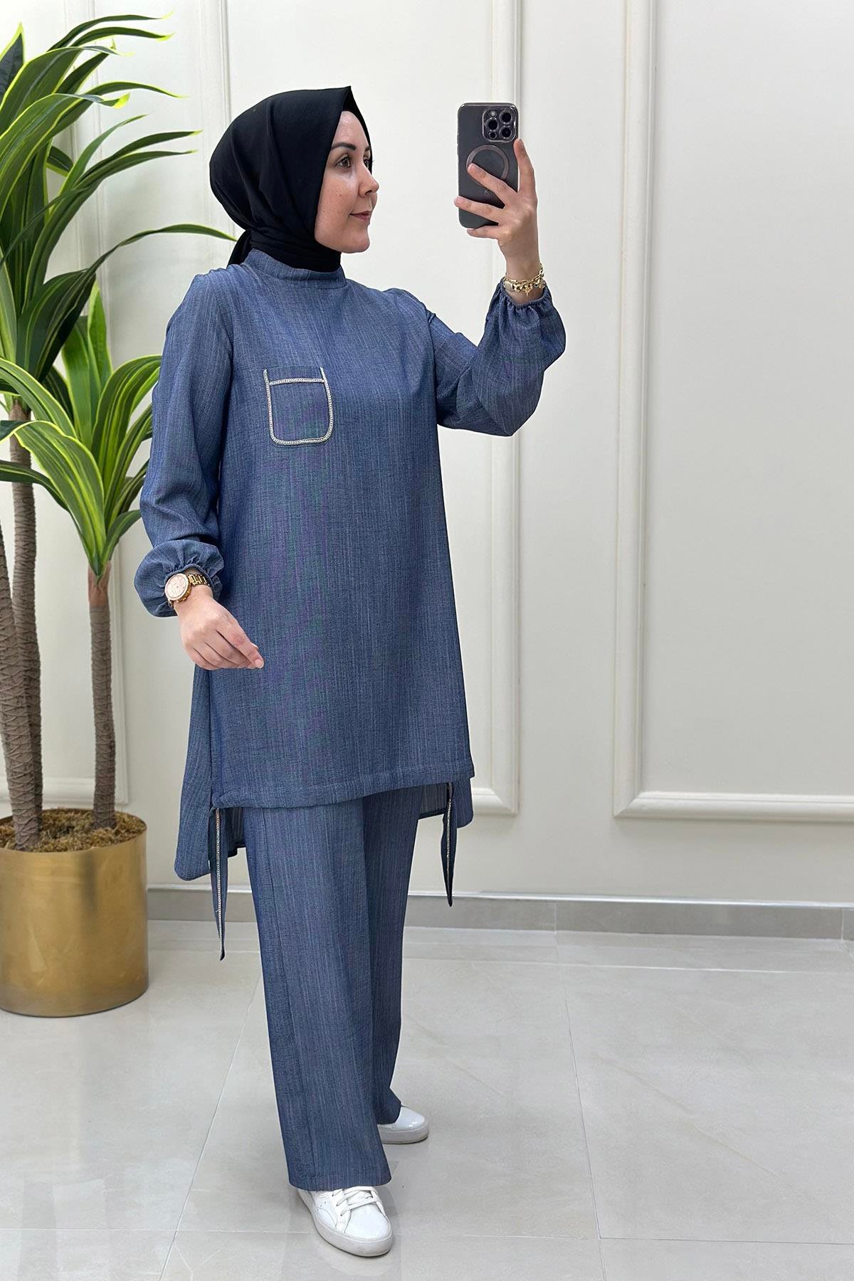 Pantolonlu TakımTaş Detaylı Tunik ve Pantolon Kadın İkili Takım Mavi FM 2368