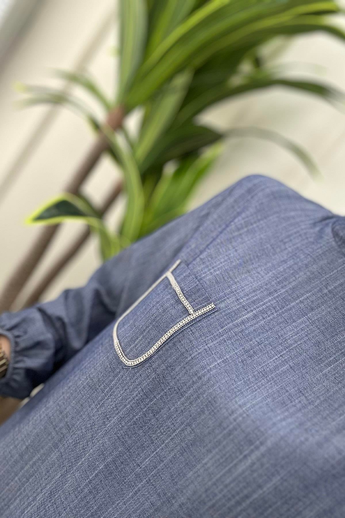 Pantolonlu TakımTaş Detaylı Tunik ve Pantolon Kadın İkili Takım Mavi FM 2368
