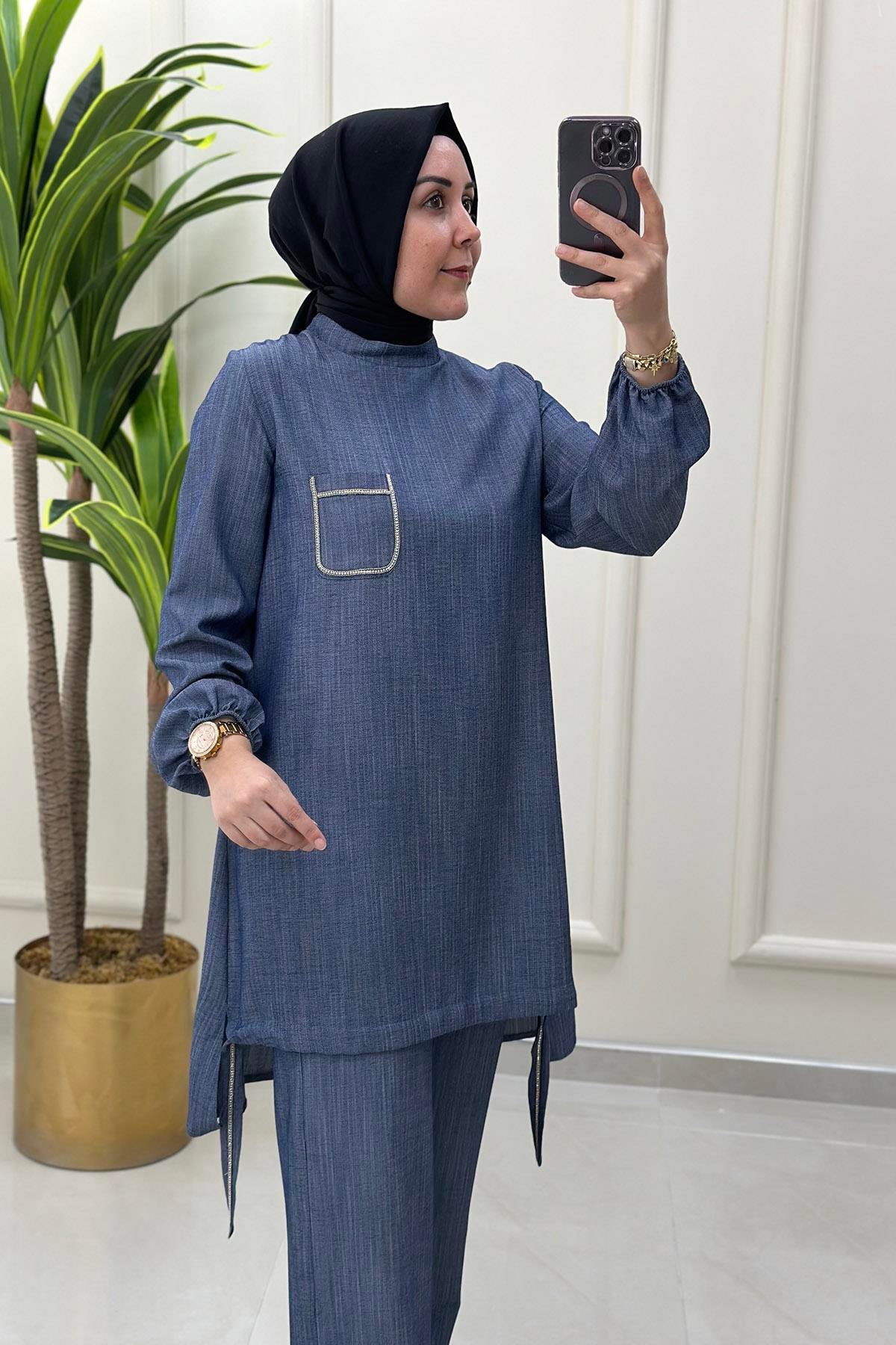 Pantolonlu TakımTaş Detaylı Tunik ve Pantolon Kadın İkili Takım Mavi FM 2368