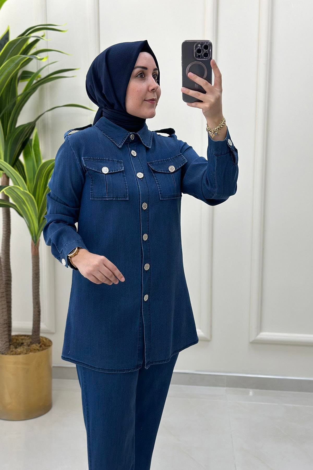 Pantolonlu TakımTensel Önü Düğmeli Ceket ve Pantolon Kadın İkili Takım Koyu Mavi BRL 6061