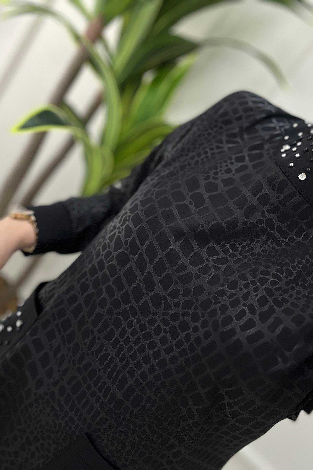 Pantolonlu TakımYakası ve Cebi Taş Detaylı Tunik Pantolon Kadın İkili Takım Siyah FM 24103