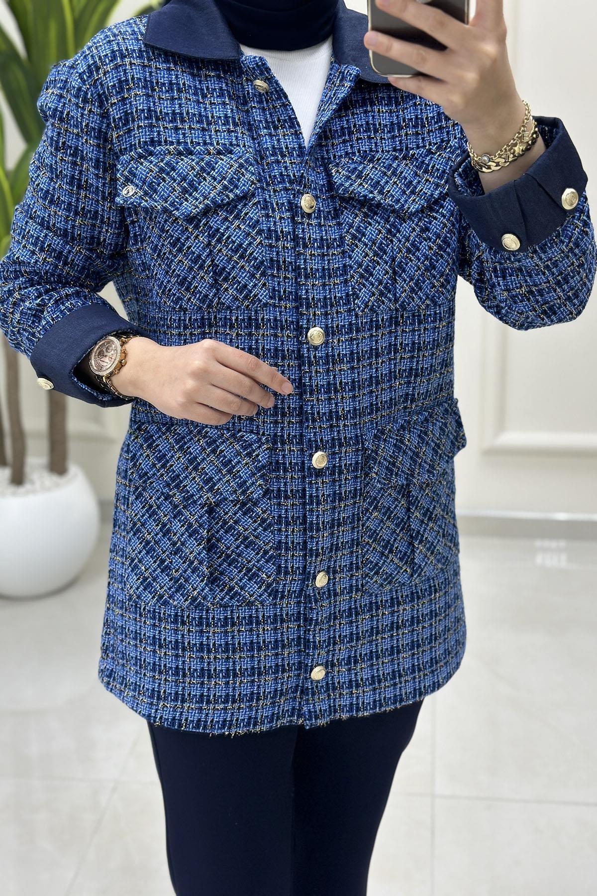 Tesettür CeketArmine Trend Önü Düğmeli Kadın Tüvit Ceket İndigo ARM 404