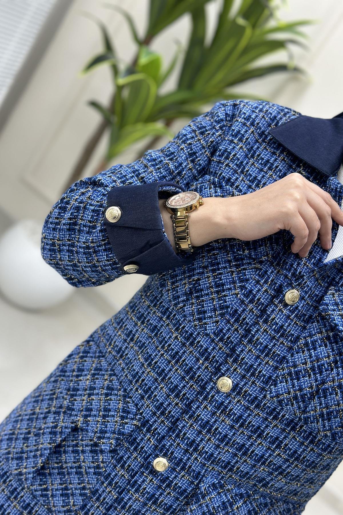 Tesettür CeketArmine Trend Önü Düğmeli Kadın Tüvit Ceket İndigo ARM 404