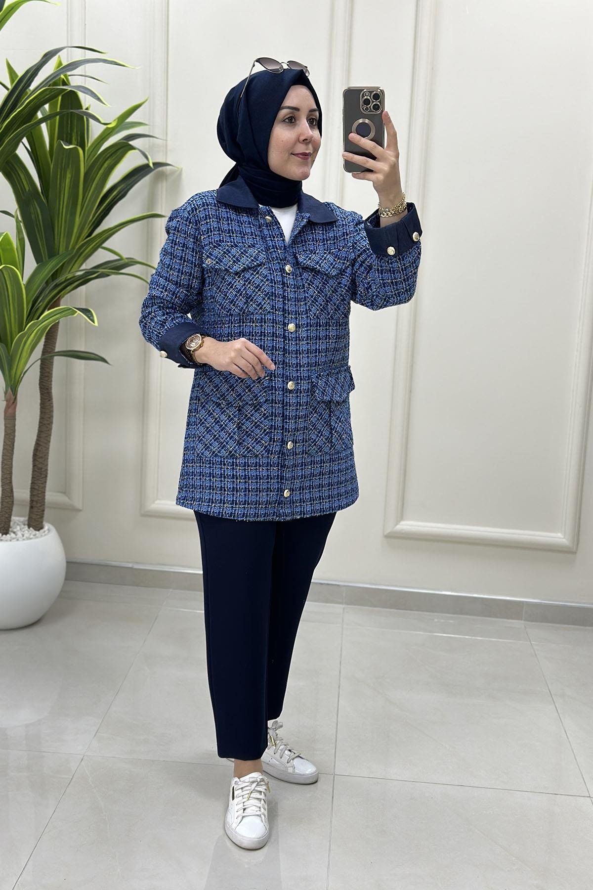 Tesettür CeketArmine Trend Önü Düğmeli Kadın Tüvit Ceket İndigo ARM 404