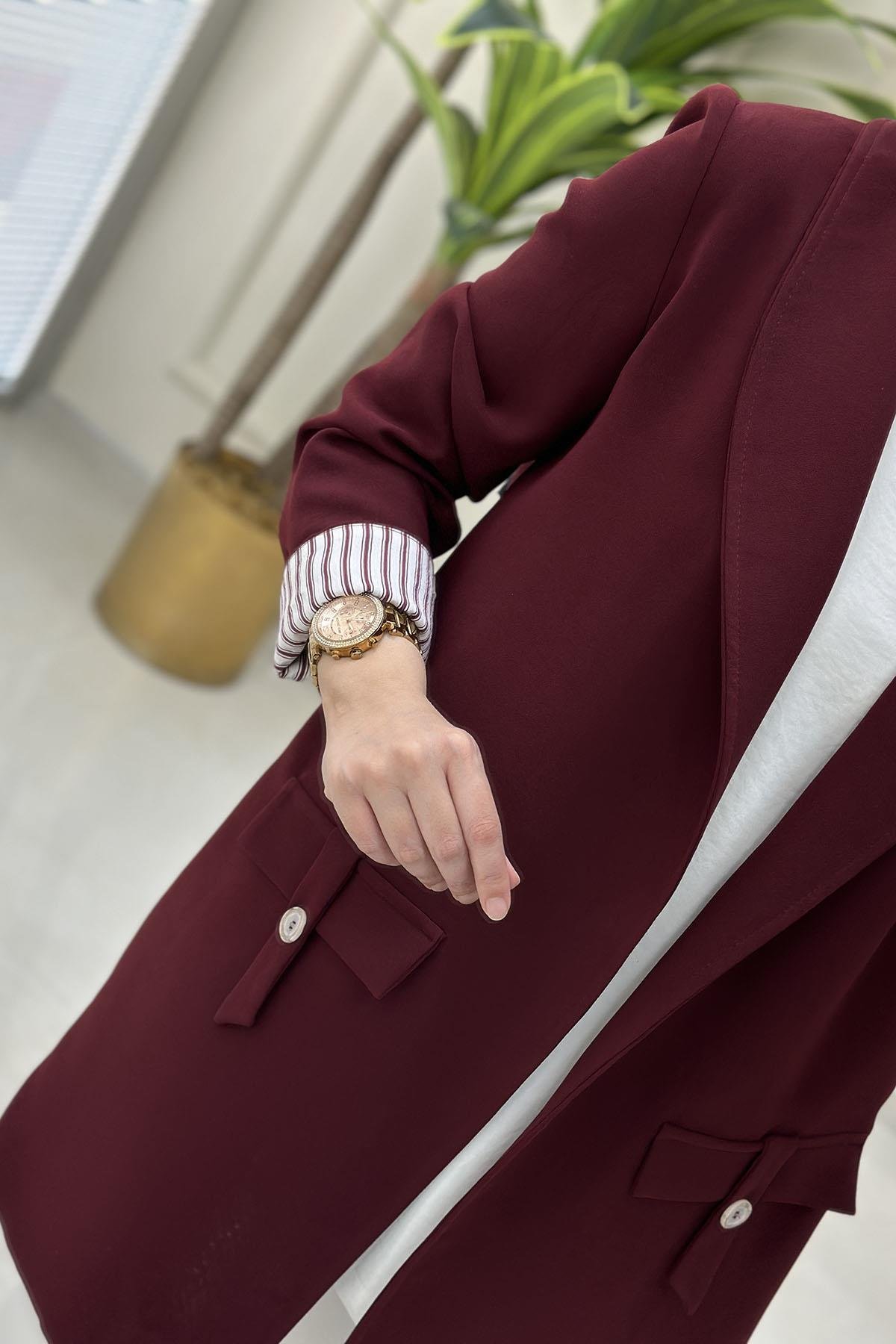 Tesettür CeketÇizgi Desen Katlama Kol Kruvaze Yaka Kadın Ceket Bordo KADO 251712