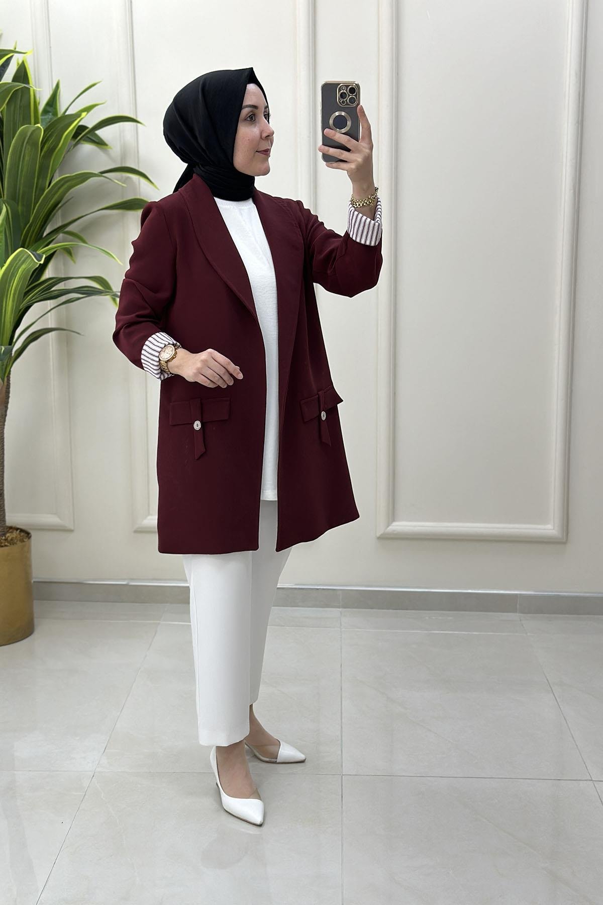 Tesettür CeketÇizgi Desen Katlama Kol Kruvaze Yaka Kadın Ceket Bordo KADO 251712