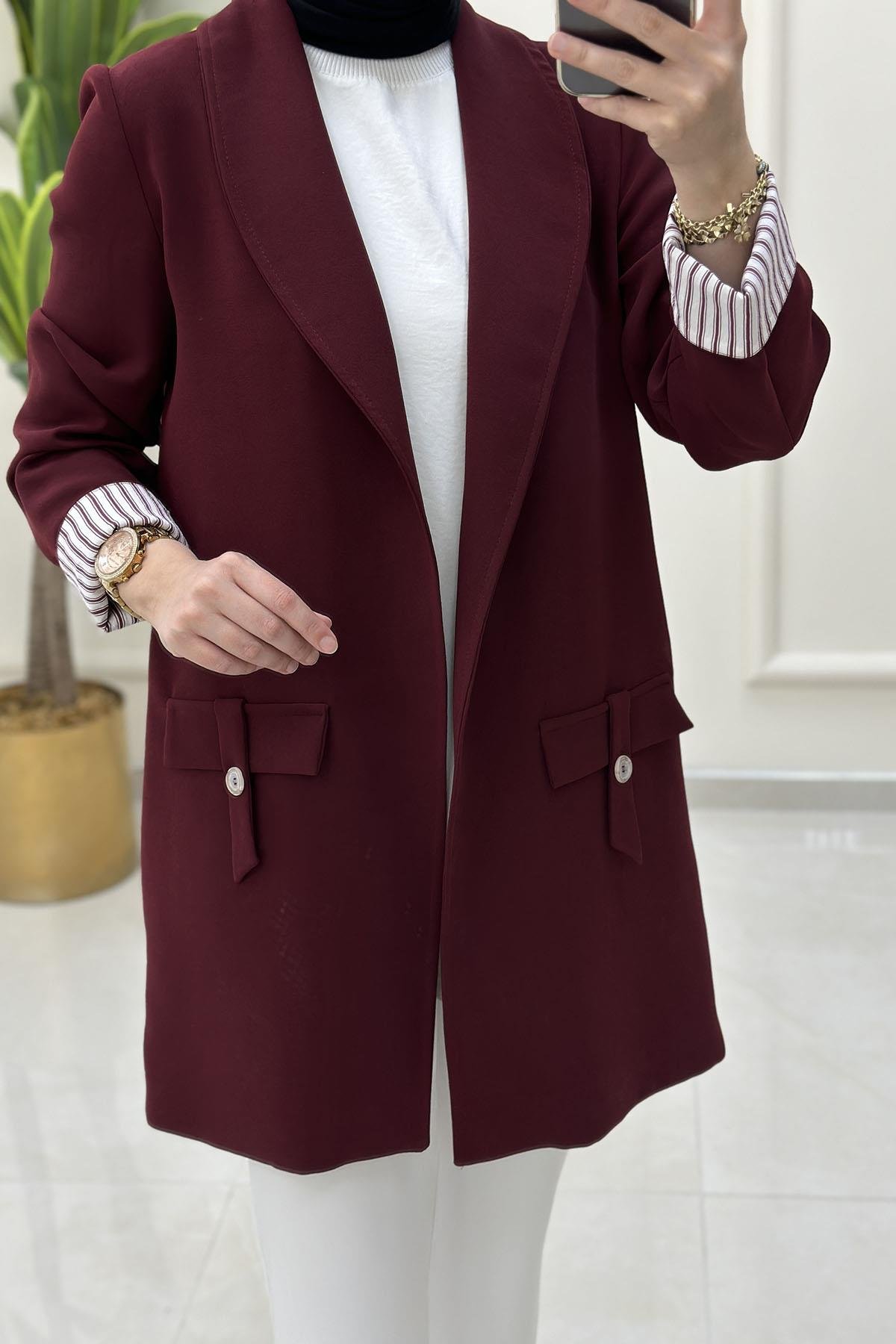 Tesettür CeketÇizgi Desen Katlama Kol Kruvaze Yaka Kadın Ceket Bordo KADO 251712