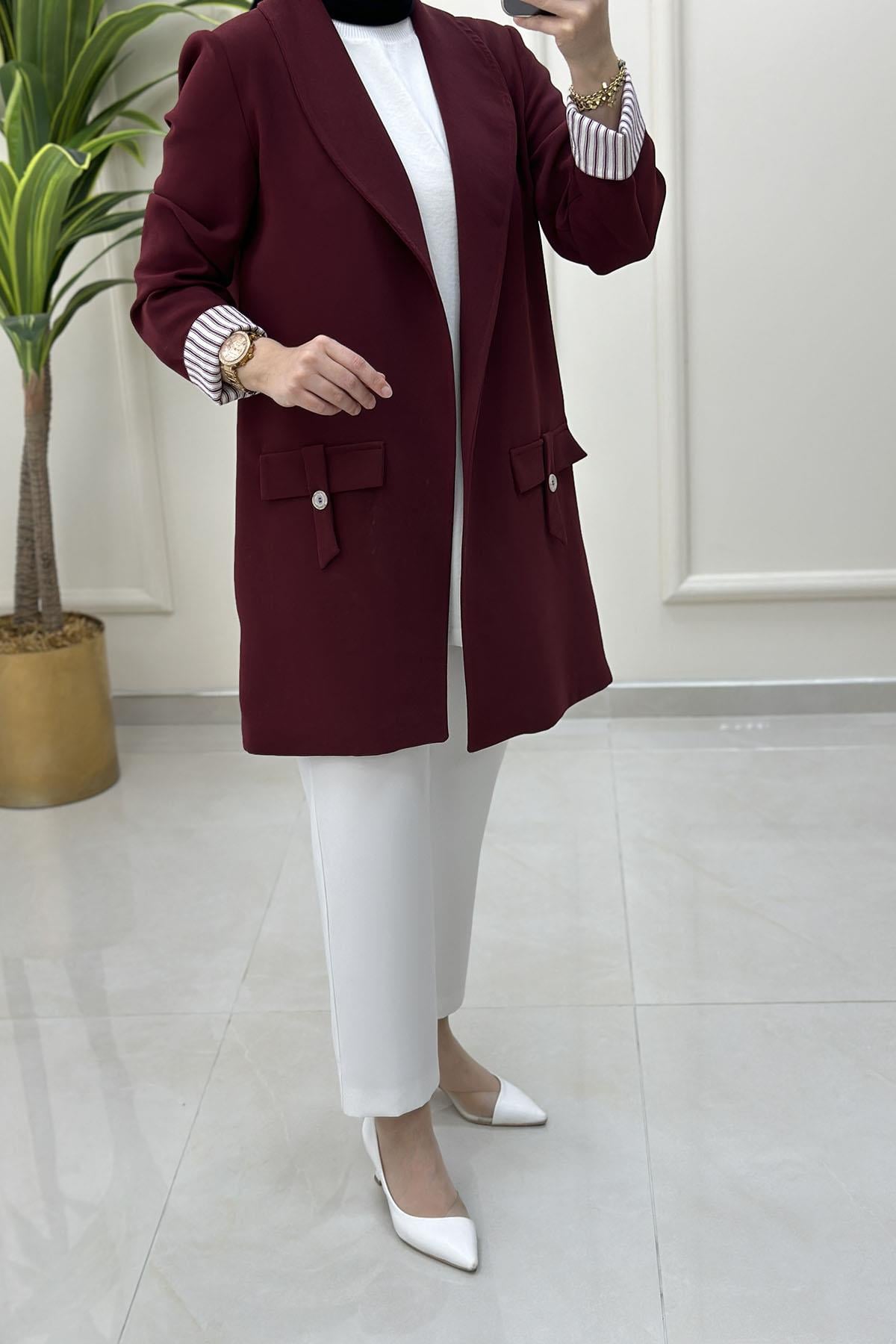 Tesettür CeketÇizgi Desen Katlama Kol Kruvaze Yaka Kadın Ceket Bordo KADO 251712