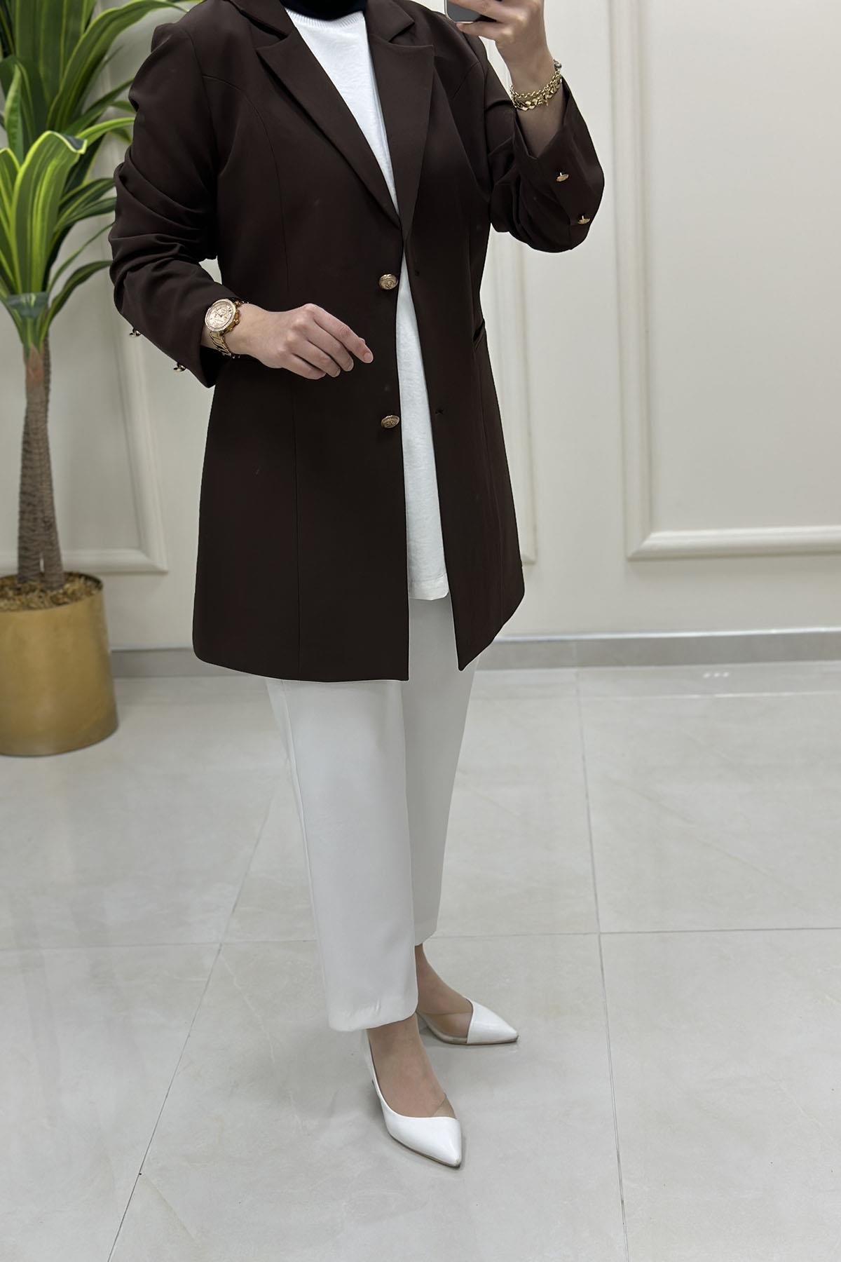 Tesettür CeketKruvaze Yaka Kadın Blazer Ceket Kahverengi CNR 2070