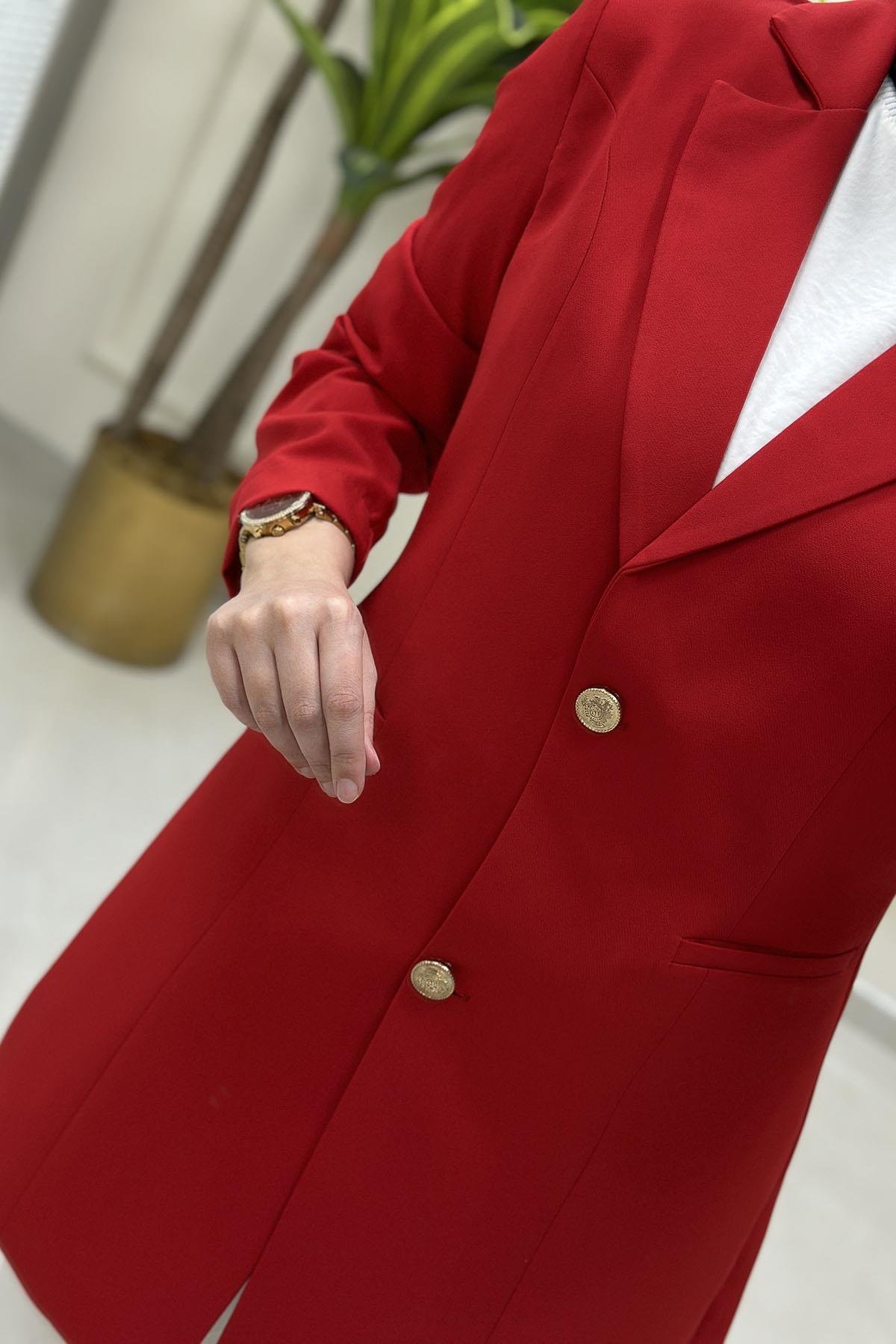 Tesettür CeketKruvaze Yaka Kadın Blazer Ceket Kırmızı CNR 2070
