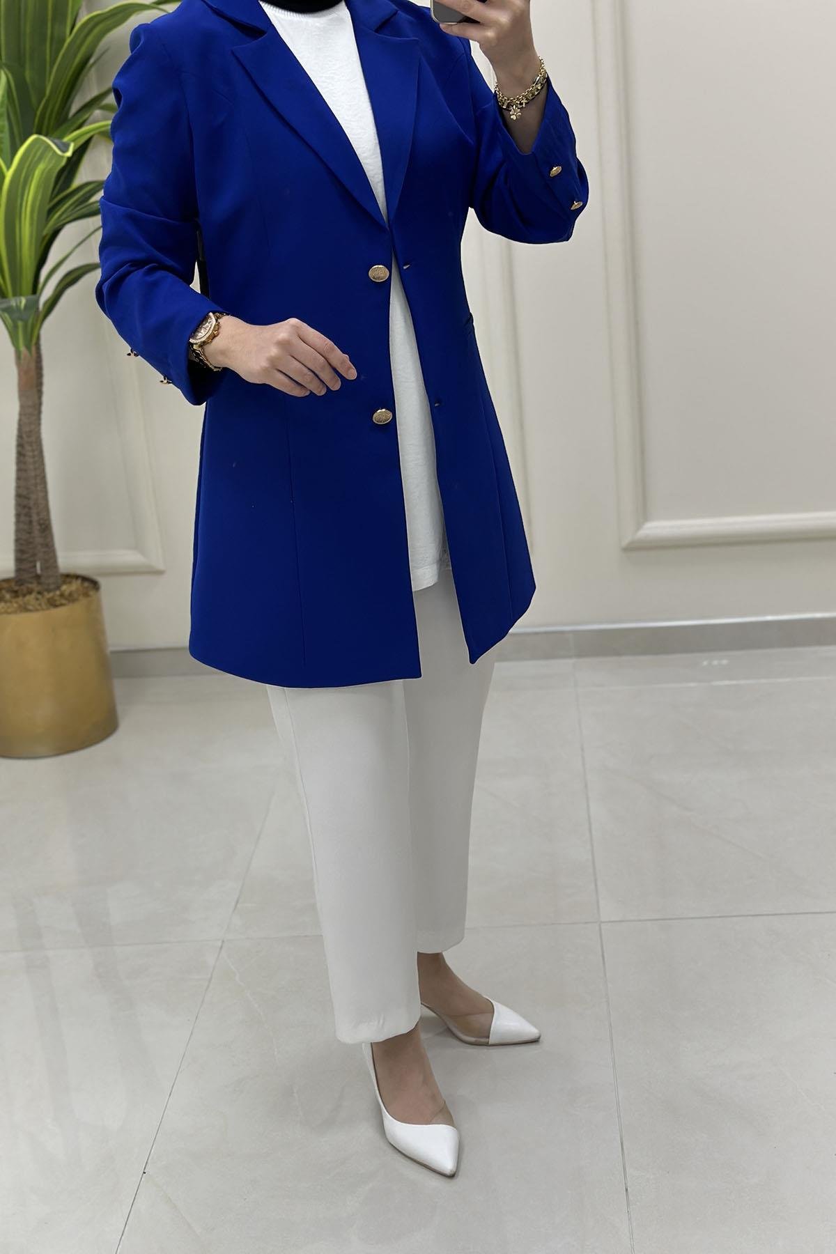 Tesettür CeketKruvaze Yaka Kadın Blazer Ceket Saks Mavisi CNR 2070