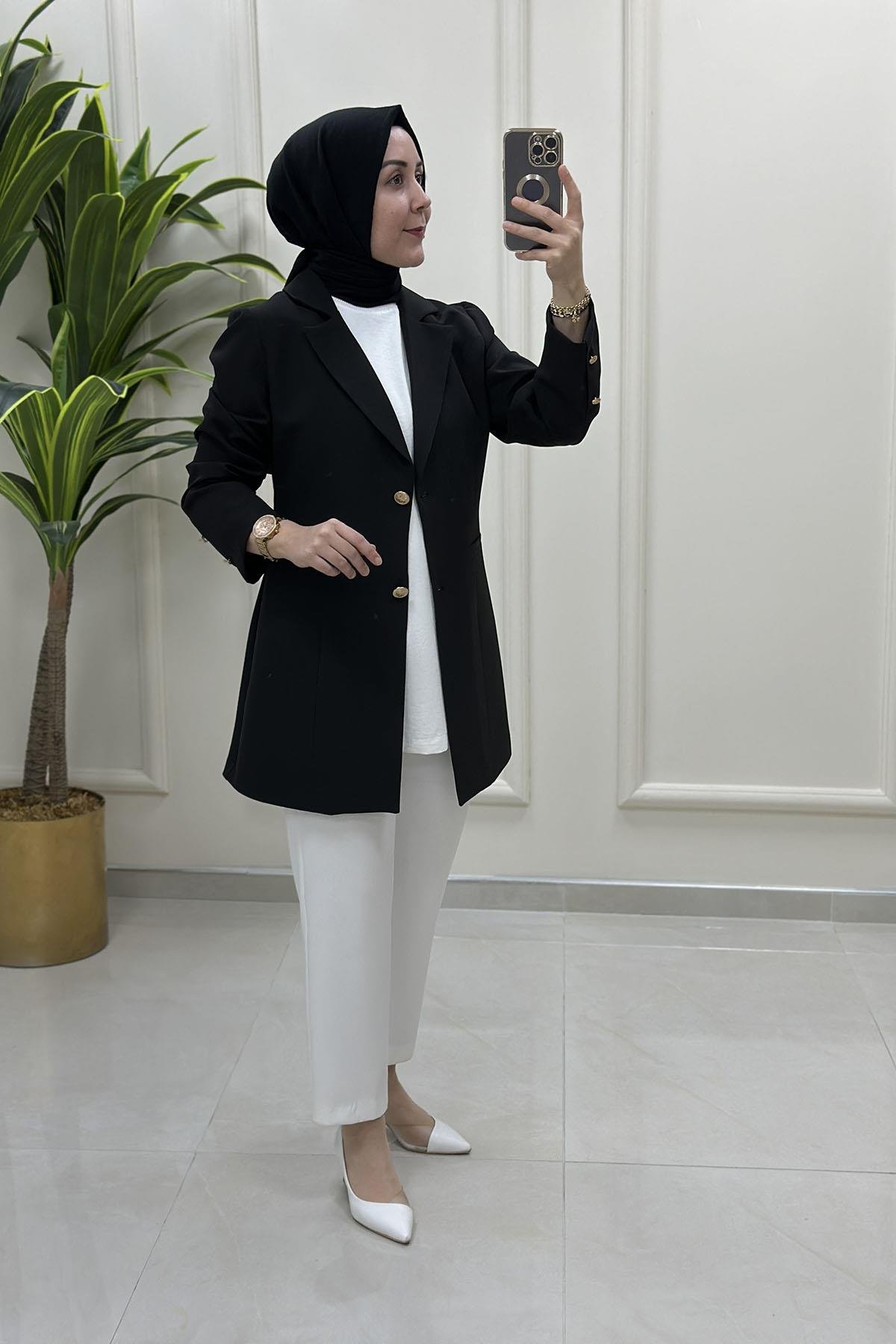 Tesettür CeketKruvaze Yaka Kadın Blazer Ceket Siyah CNR 2070