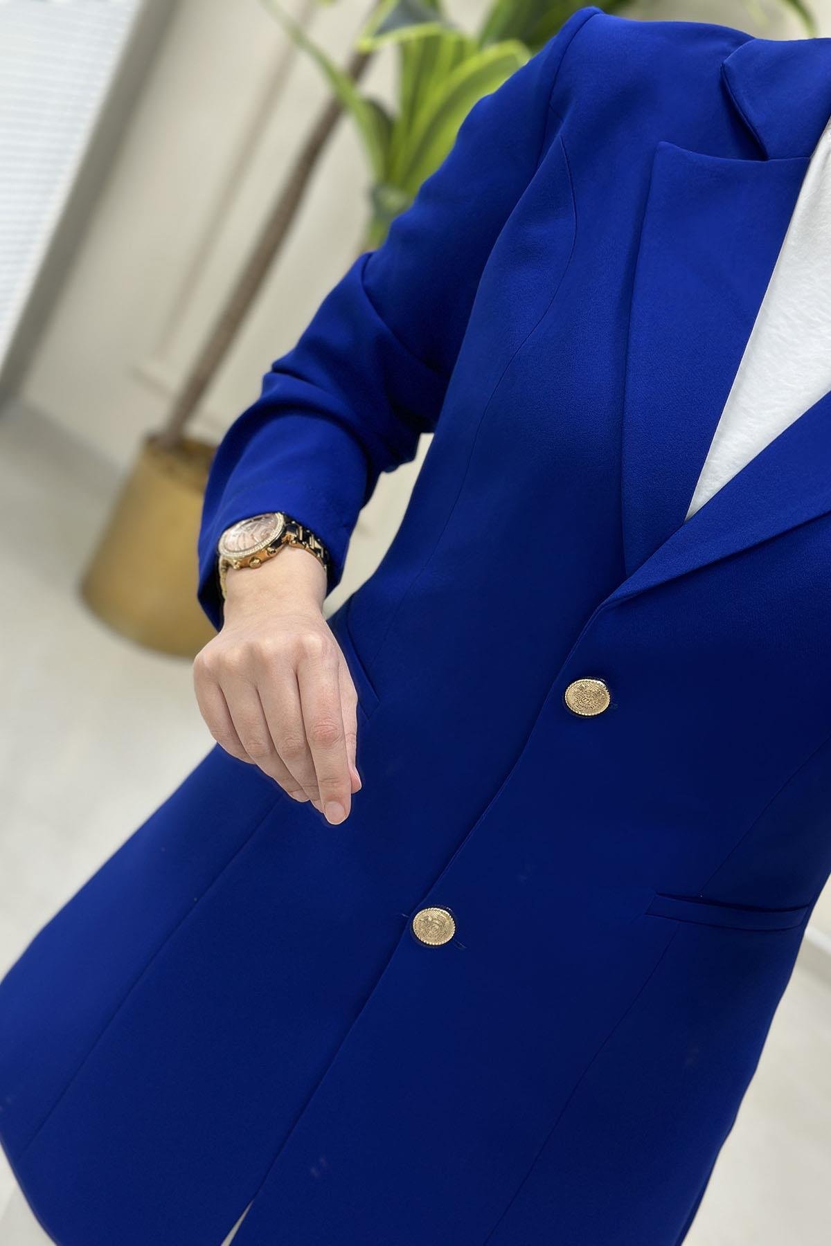 Tesettür CeketKruvaze Yaka Kadın Blazer Ceket Saks Mavisi CNR 2070