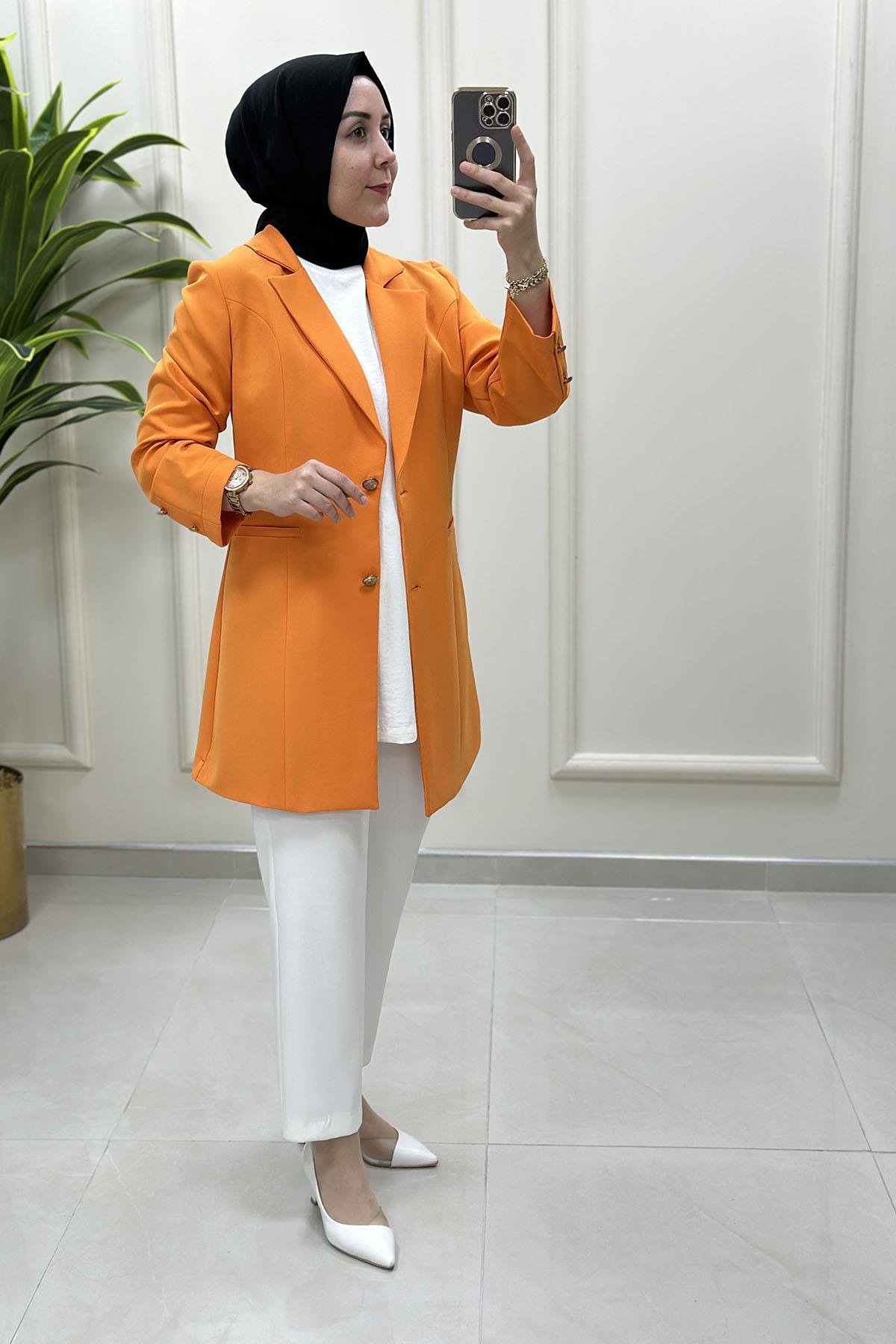 Tesettür CeketKruvaze Yaka Kadın Blazer Ceket Turuncu CNR 2070