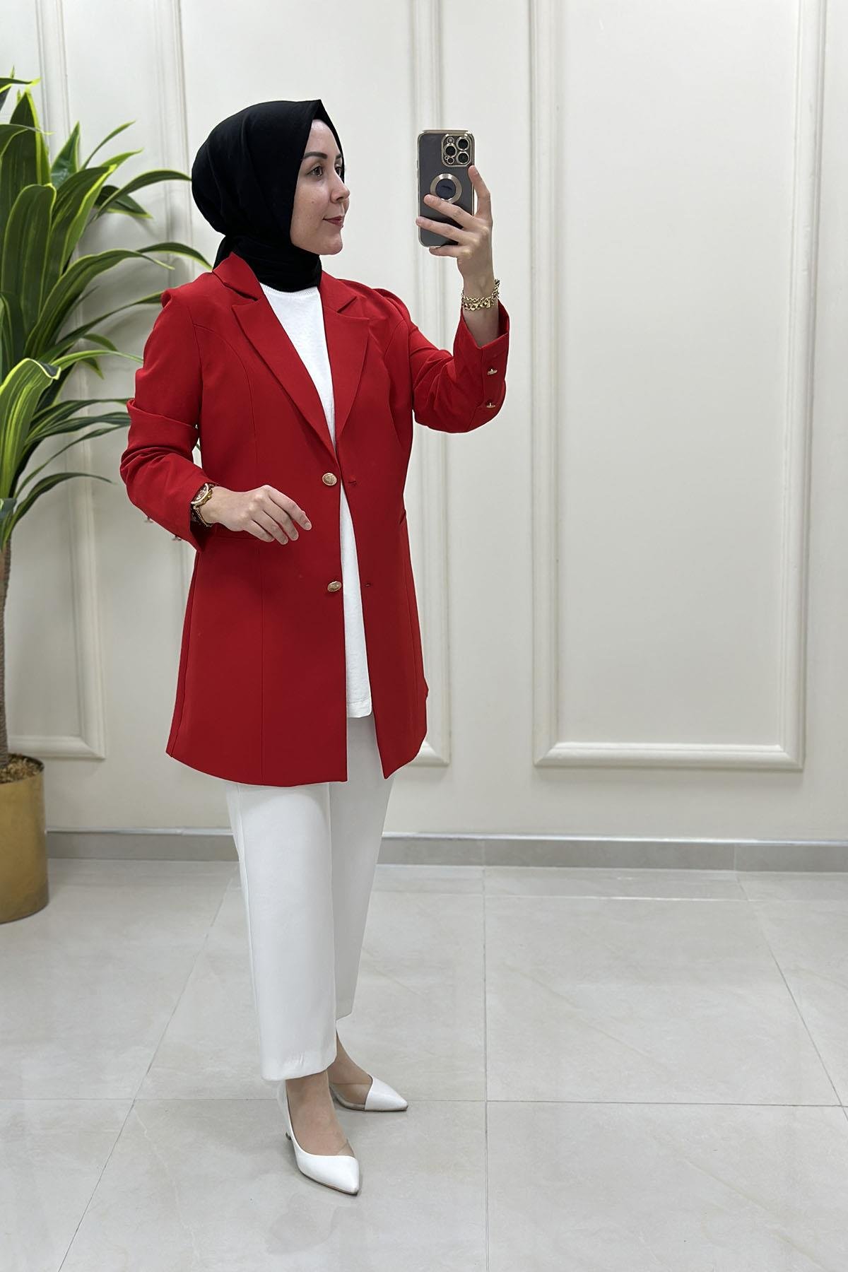 Tesettür CeketKruvaze Yaka Kadın Blazer Ceket Kırmızı CNR 2070