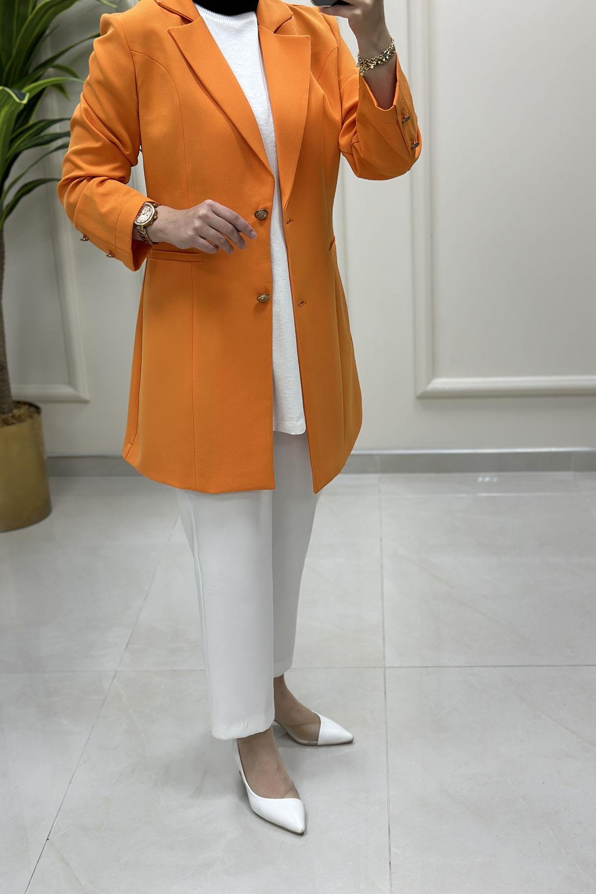 Tesettür CeketKruvaze Yaka Kadın Blazer Ceket Turuncu CNR 2070