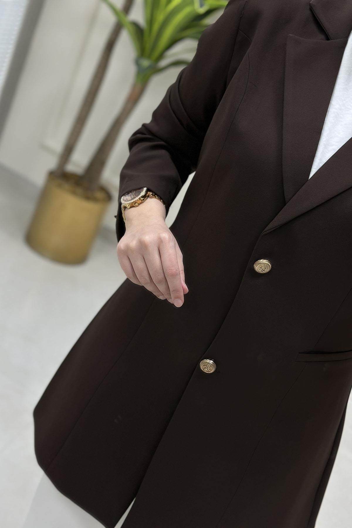 Tesettür CeketKruvaze Yaka Kadın Blazer Ceket Kahverengi CNR 2070