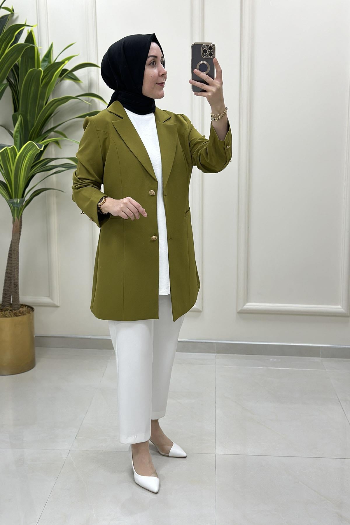 Tesettür CeketKruvaze Yaka Kadın Blazer Ceket Yağ Yeşili CNR 2070