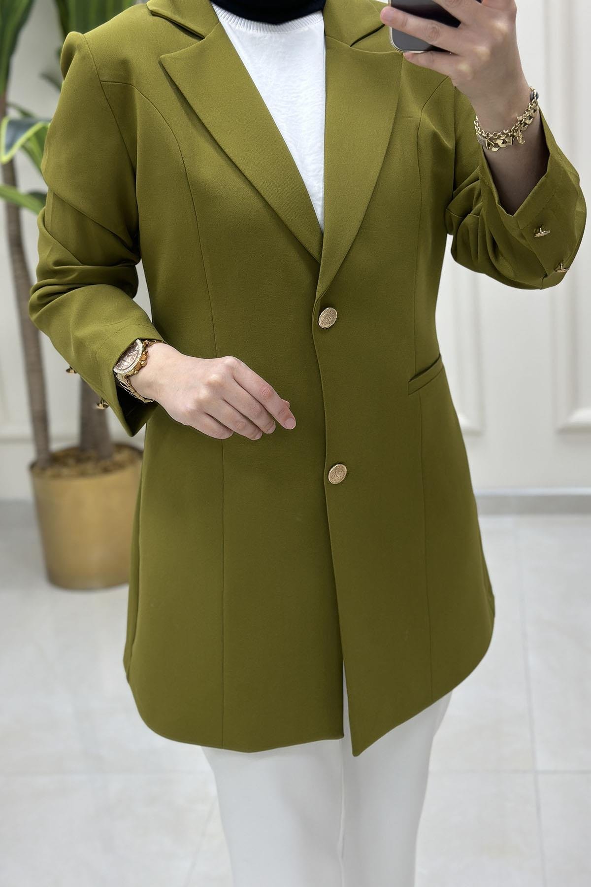 Tesettür CeketKruvaze Yaka Kadın Blazer Ceket Yağ Yeşili CNR 2070