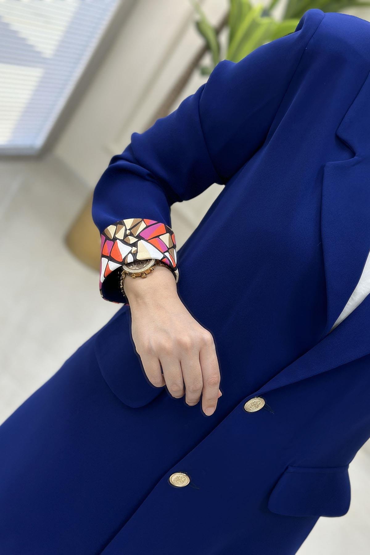 Tesettür CeketKruvaze Yaka Katlama Kol Renk Garnili Kadın Ceket Saks Mavisi MLH 5100