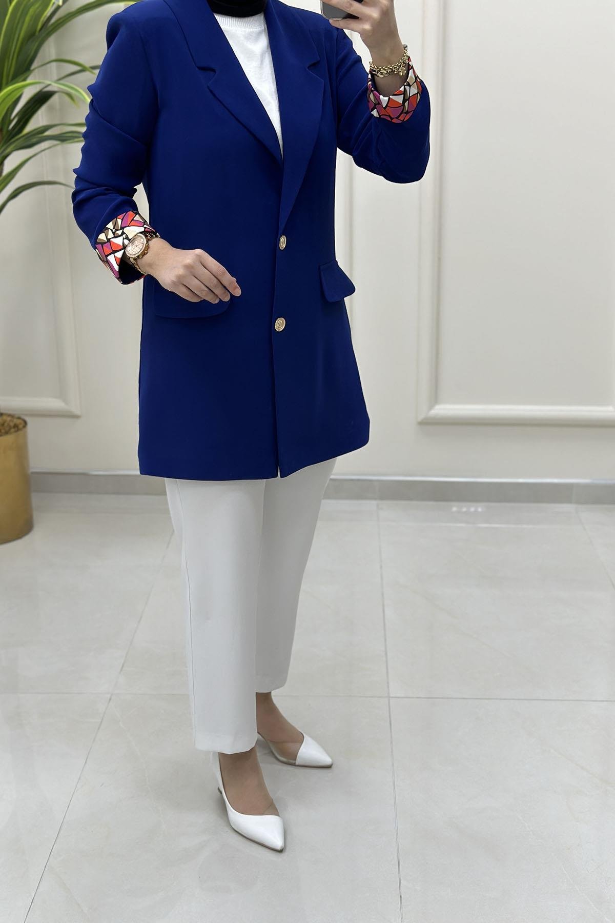 Tesettür CeketKruvaze Yaka Katlama Kol Renk Garnili Kadın Ceket Saks Mavisi MLH 5100