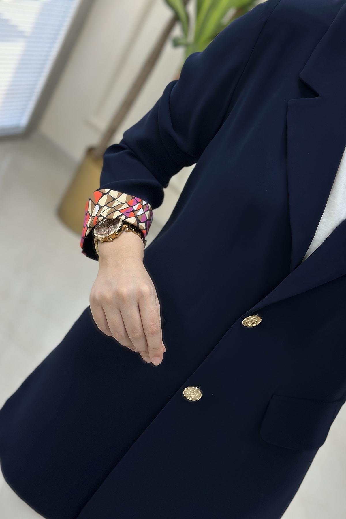 Tesettür CeketKruvaze Yaka Katlama Kol Renk Garnili Kadın Ceket Lacivert MLH 5100