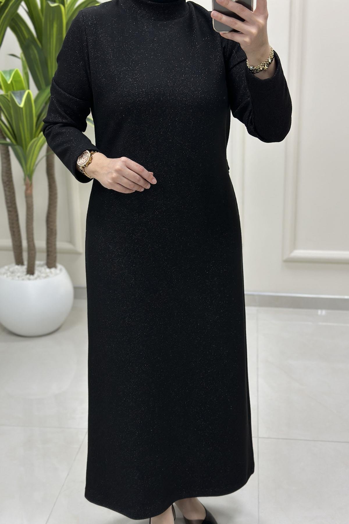 Tesettür ElbiseBeli Kemerli Örme Kumaş Kadın Elbise Siyah ALS 5212