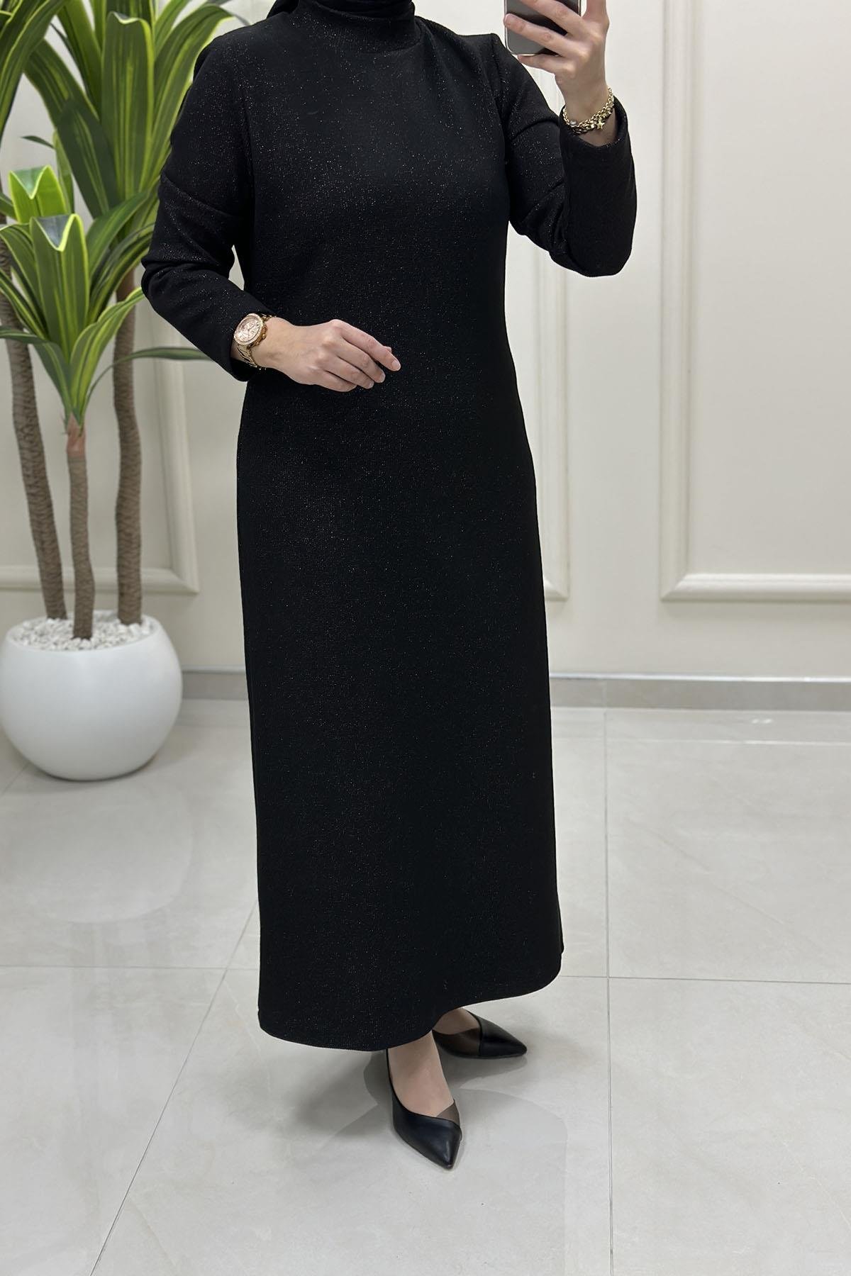 Tesettür ElbiseBeli Kemerli Örme Kumaş Kadın Elbise Siyah ALS 5212