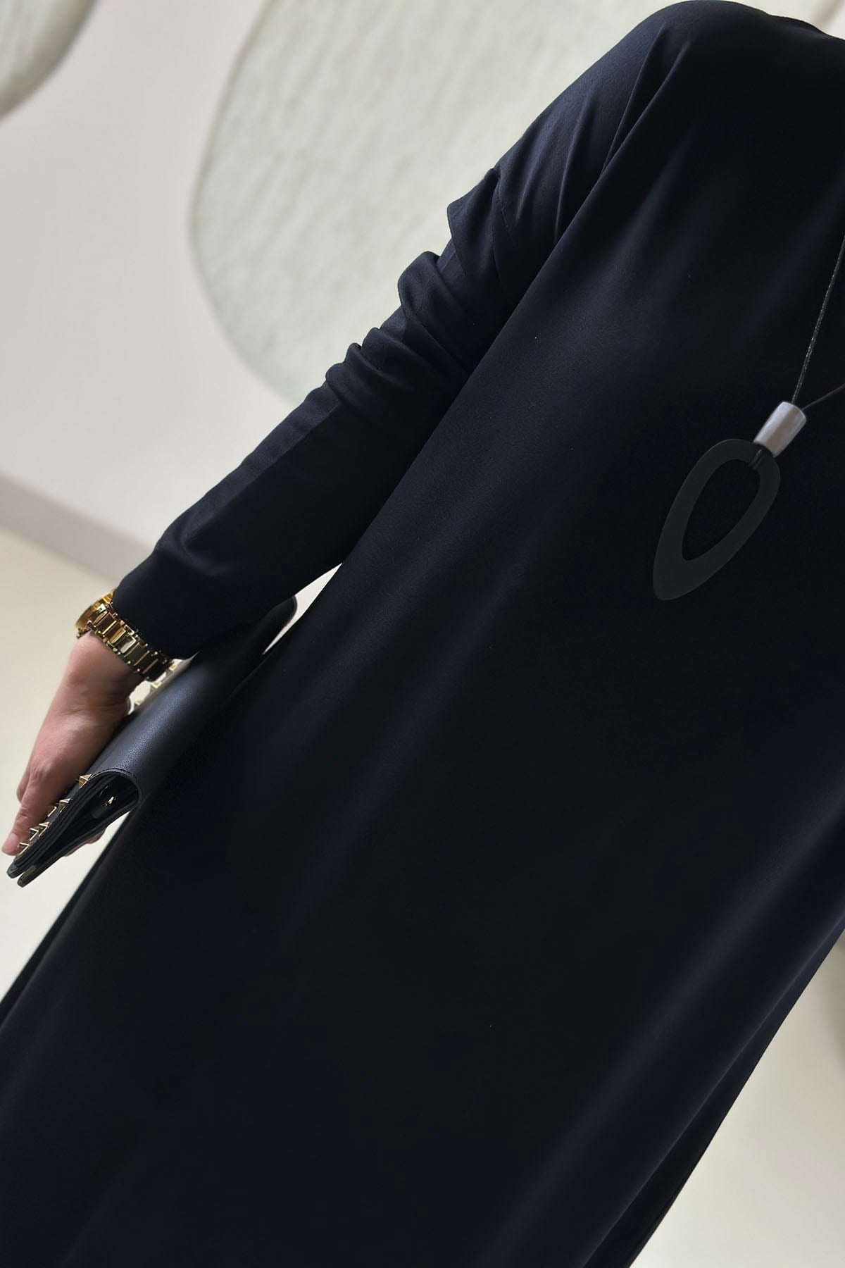 Tesettür ElbiseDüşük Omuz Kolyeli Basic Kadın Elbise Siyah KADO 268498