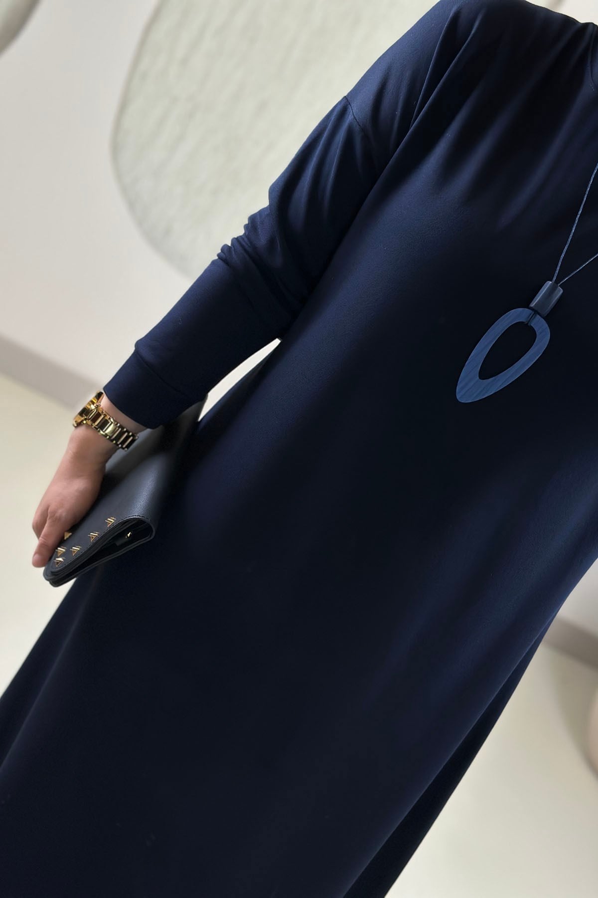 Tesettür ElbiseDüşük Omuz Kolyeli Basic Kadın Elbise Lacivert KADO 268498