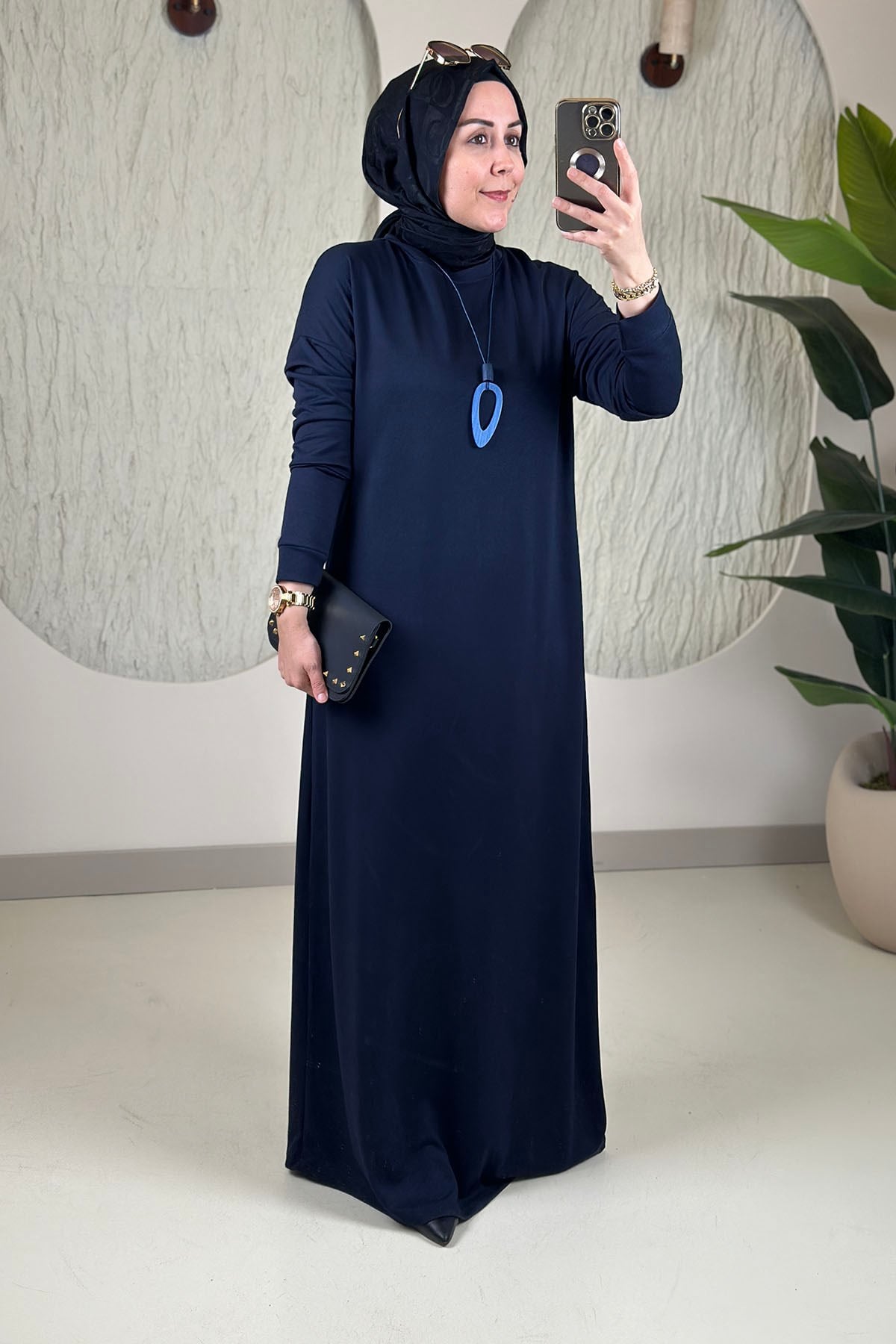 Tesettür ElbiseDüşük Omuz Kolyeli Basic Kadın Elbise Lacivert KADO 268498
