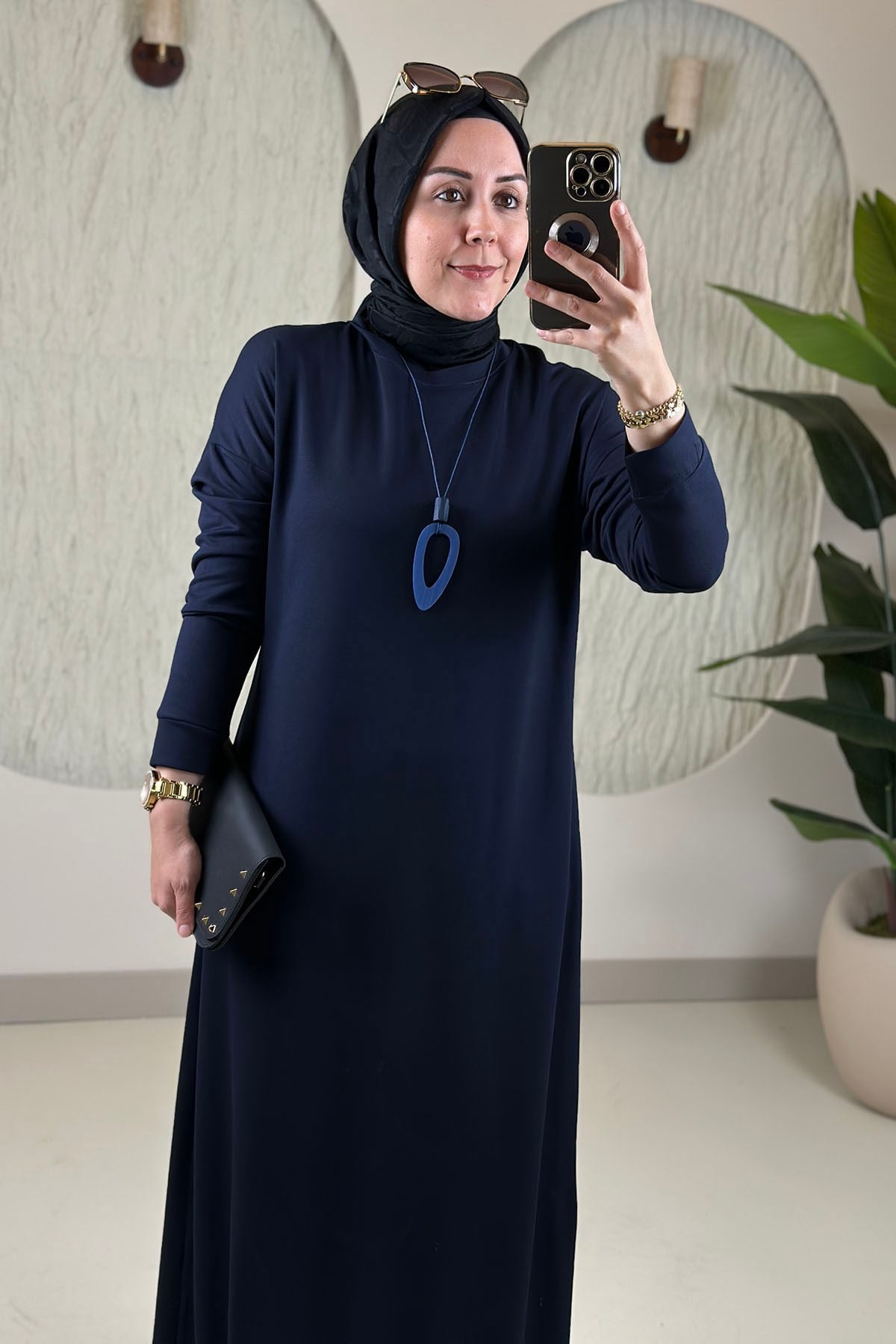 Tesettür ElbiseDüşük Omuz Kolyeli Basic Kadın Elbise Lacivert KADO 268498