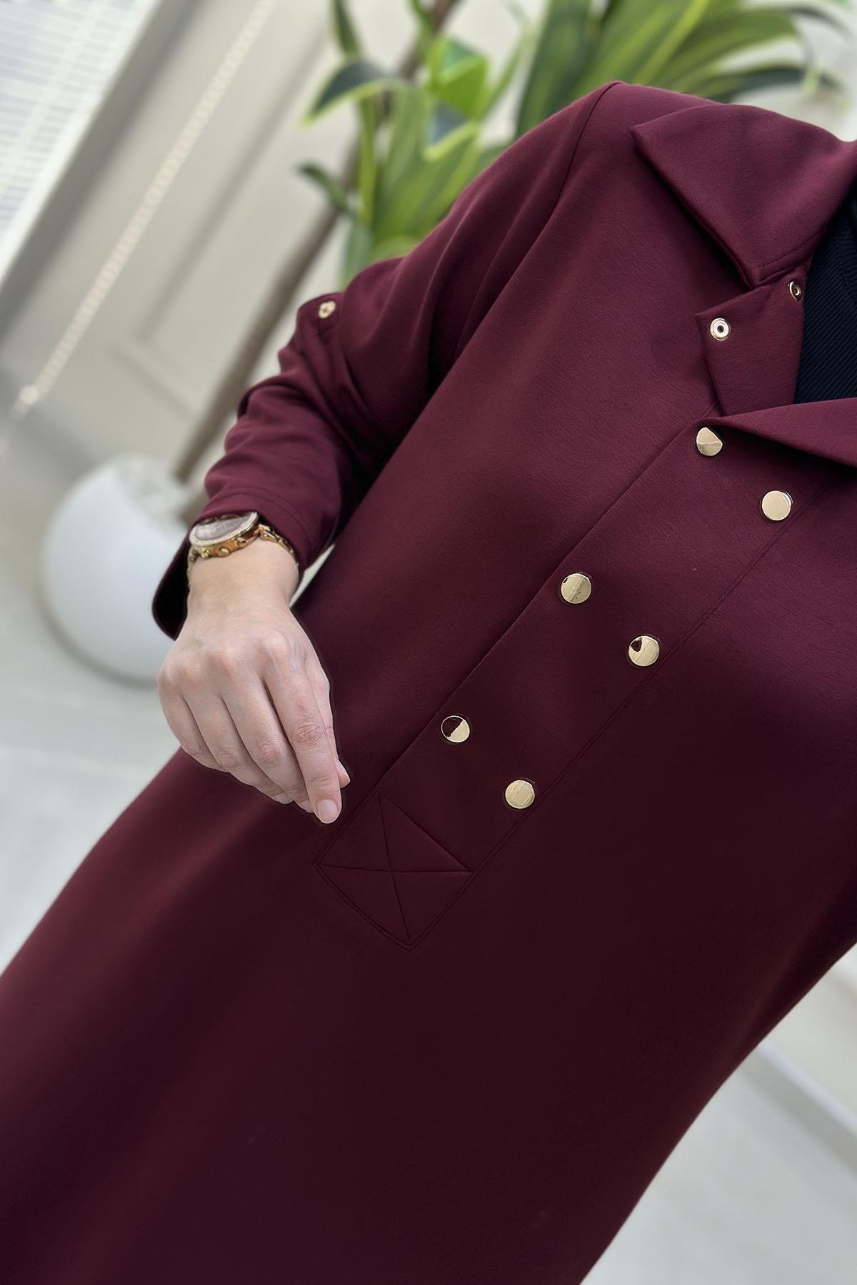 Tesettür ElbiseKatlama Kol Önü Çıtçıtlı Kadın Oysho Elbise Bordo VOL 1612