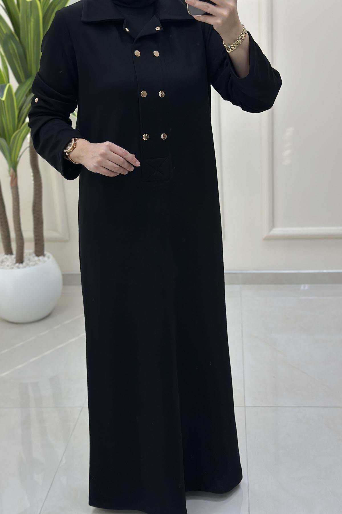 Tesettür ElbiseKatlama Kol Önü Çıtçıtlı Kadın Oysho Elbise Siyah VOL 1612