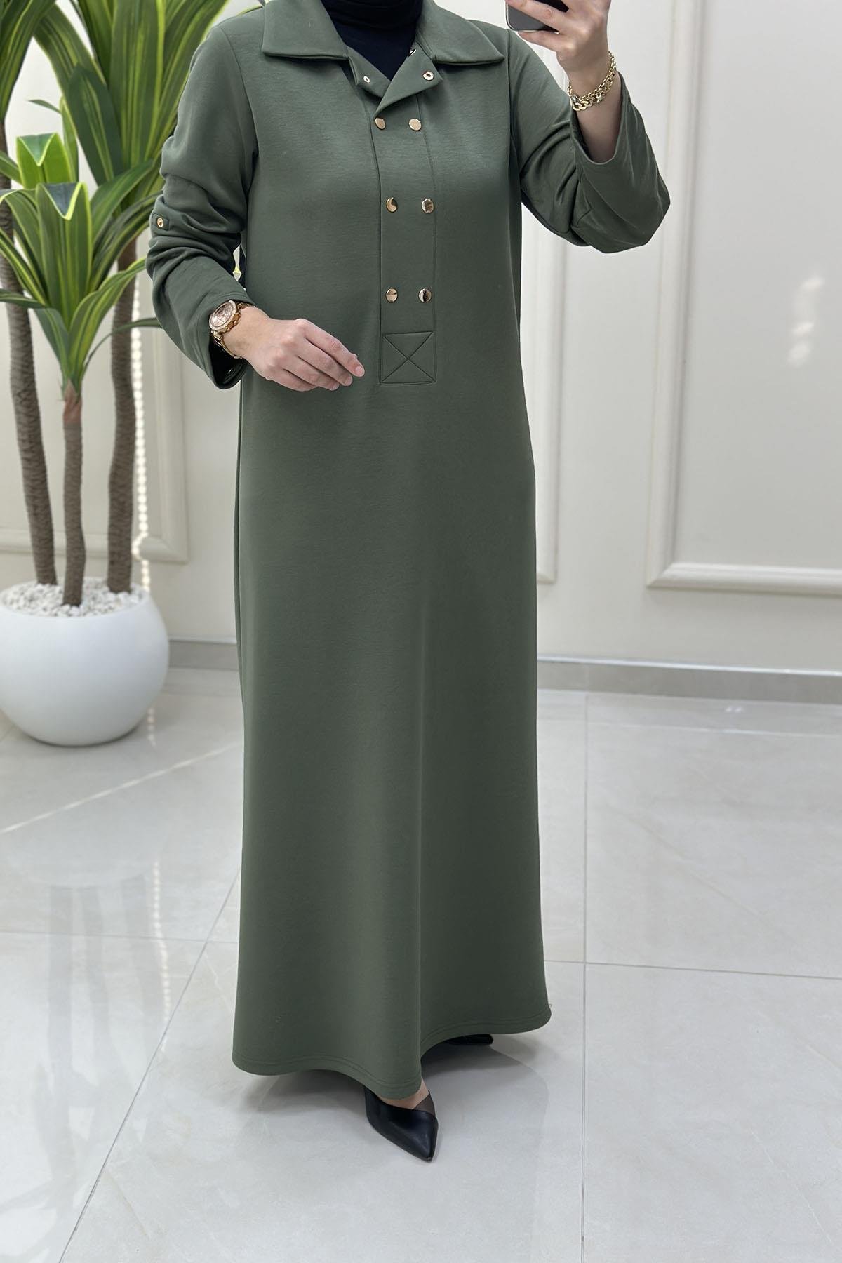 Tesettür ElbiseKatlama Kol Önü Çıtçıtlı Kadın Oysho Elbise Haki VOL 1612